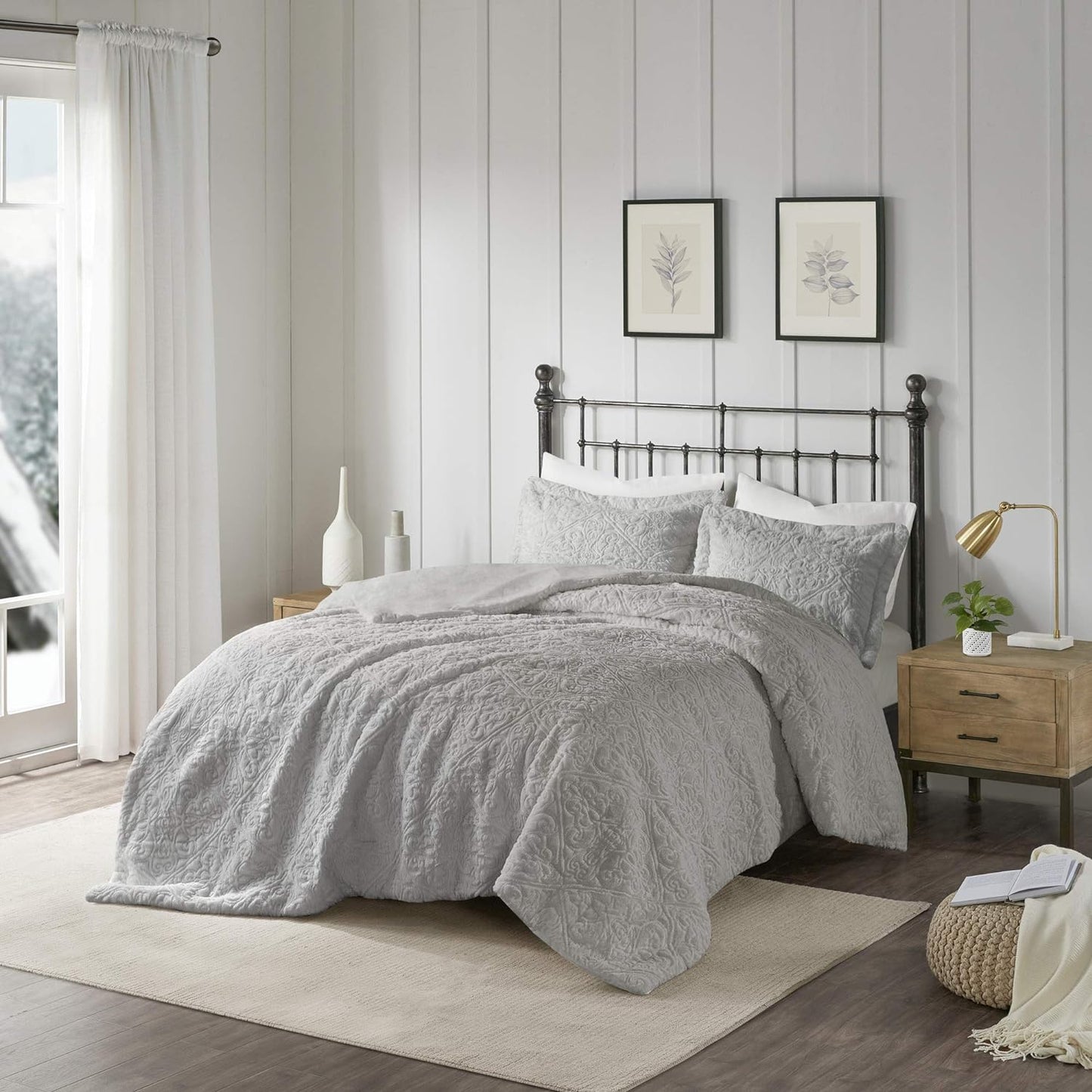 Bismarck King Size Bed Comforter Set - Grey, Embroidered Medallion – 3 Pieces Bedding Sets – Faux Fur Plush Bedroom Comforters (MP10-2004)