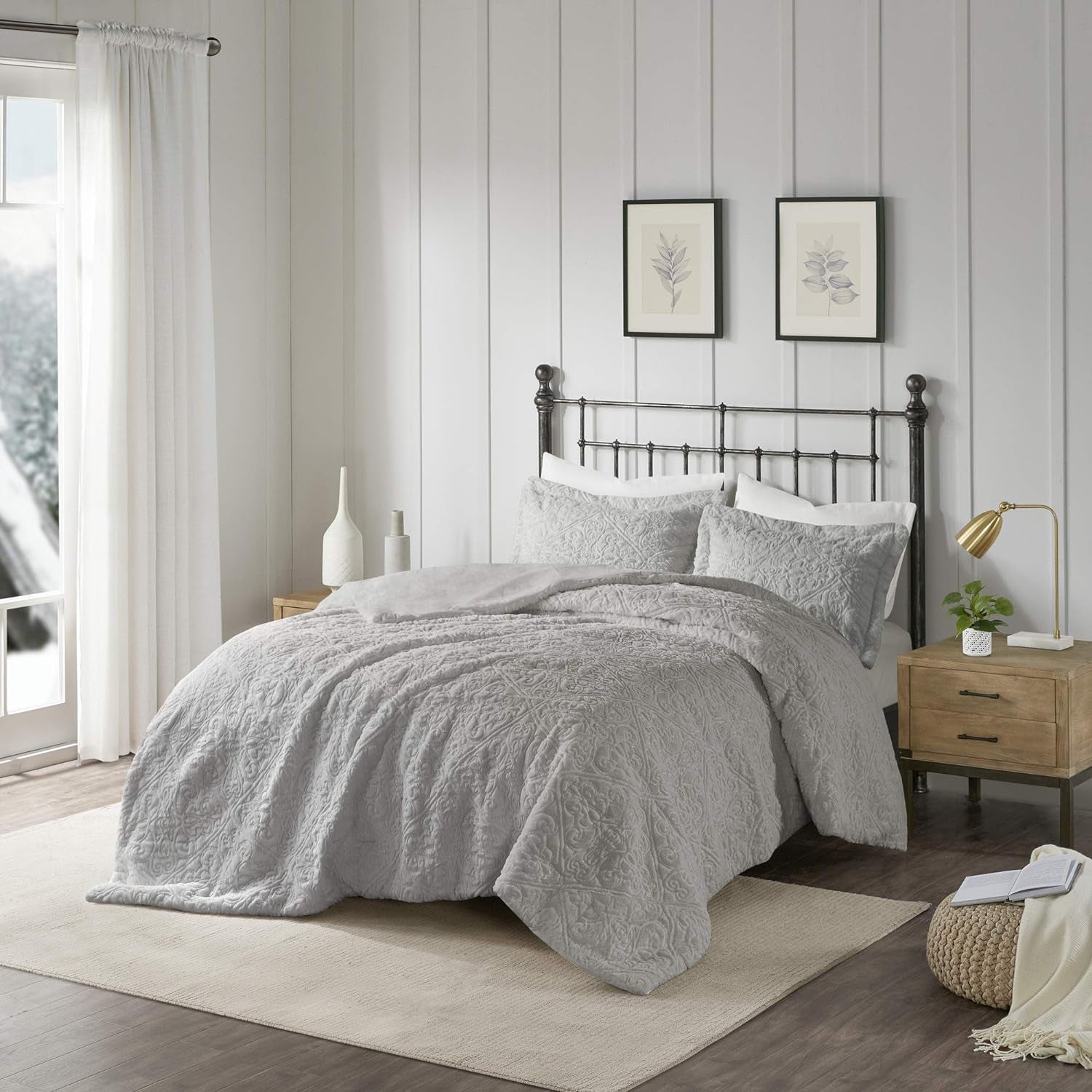Bismarck King Size Bed Comforter Set - Grey, Embroidered Medallion – 3 Pieces Bedding Sets – Faux Fur Plush Bedroom Comforters (MP10-2004)