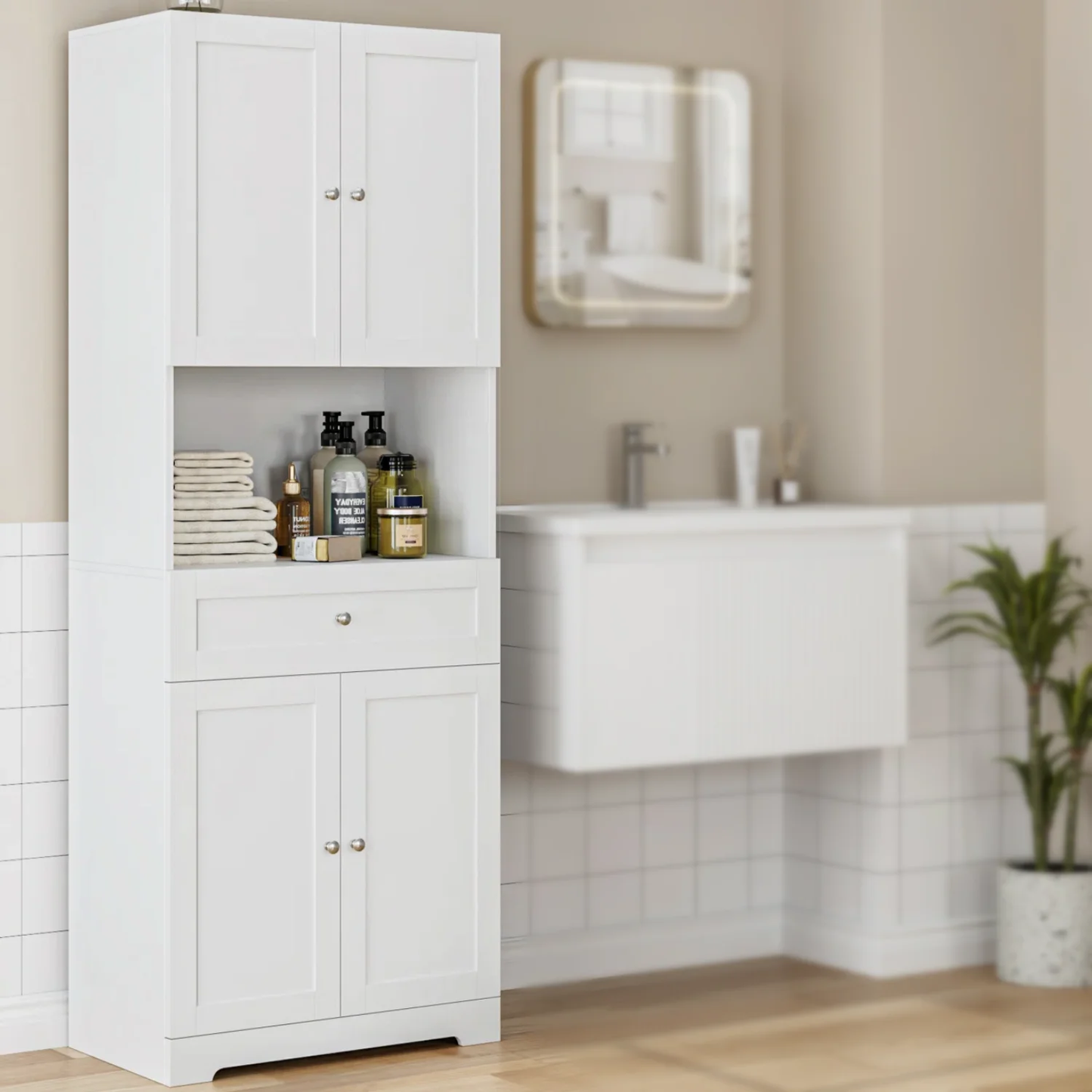67.5" Tall Bathroom Storage Cabinet with Drawer, 4 Door Modern Freestanding Cupboard, White
