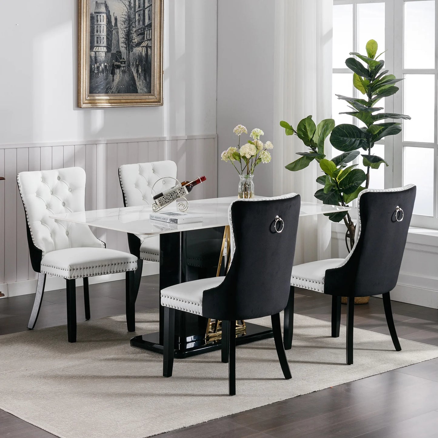 Dining Chairs Set of 2, Kitchen & Dining Room Chairs, Nailheads Tufted, Sillas De Comedor, White PU & Black Velvet Upholstered, Wood Legs (Two-Tone, 2 Pcs)