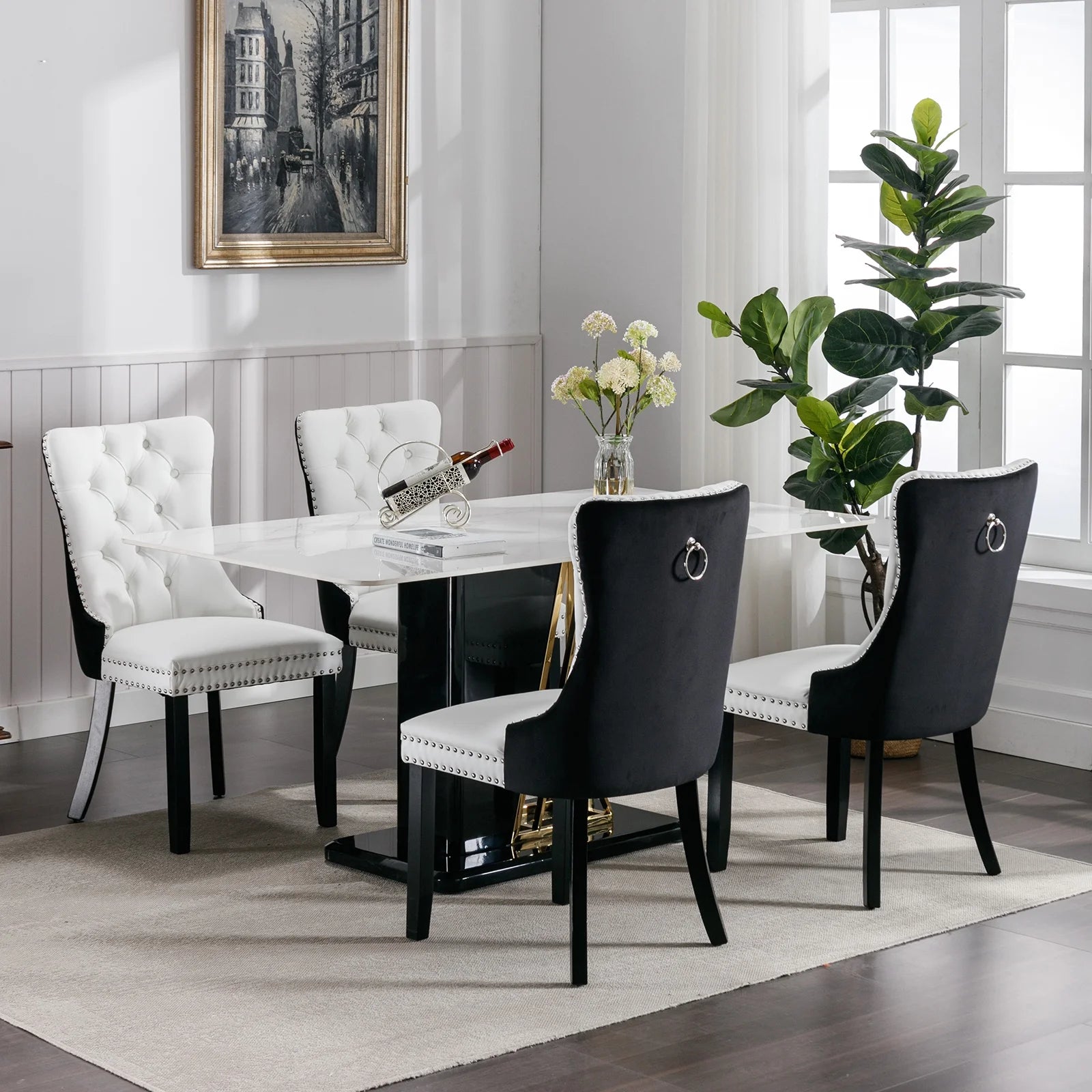 Dining Chairs Set of 2, Kitchen & Dining Room Chairs, Nailheads Tufted, Sillas De Comedor, White PU & Black Velvet Upholstered, Wood Legs (Two-Tone, 2 Pcs)