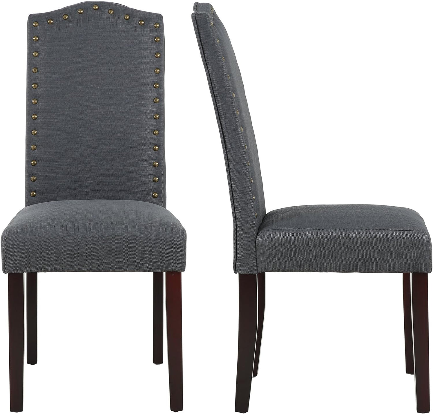 Set of 2 Luxurious Fabric Dining Chairs with Copper Nails and Solid Wood Legs (Dark Gray)