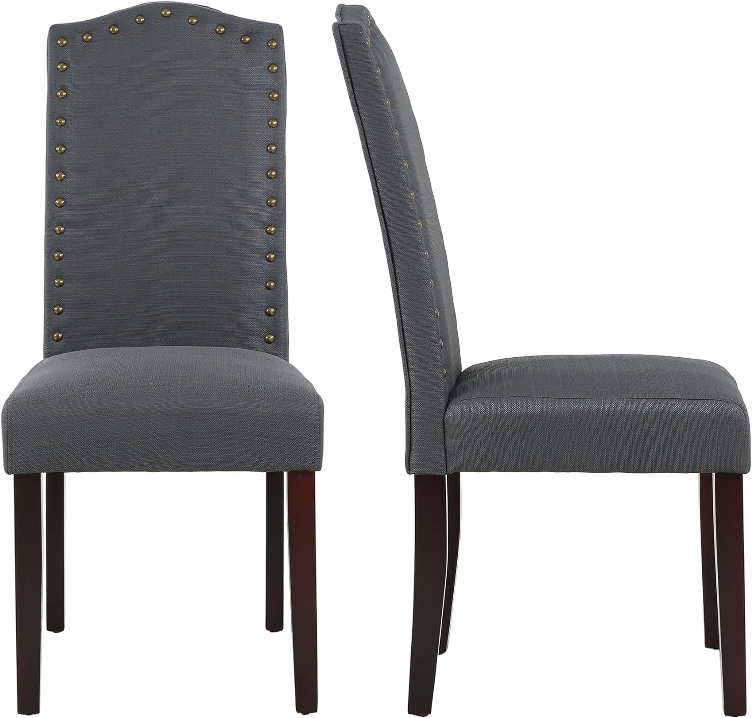 Set of 2 Luxurious Fabric Dining Chairs with Copper Nails and Solid Wood Legs (Dark Gray)