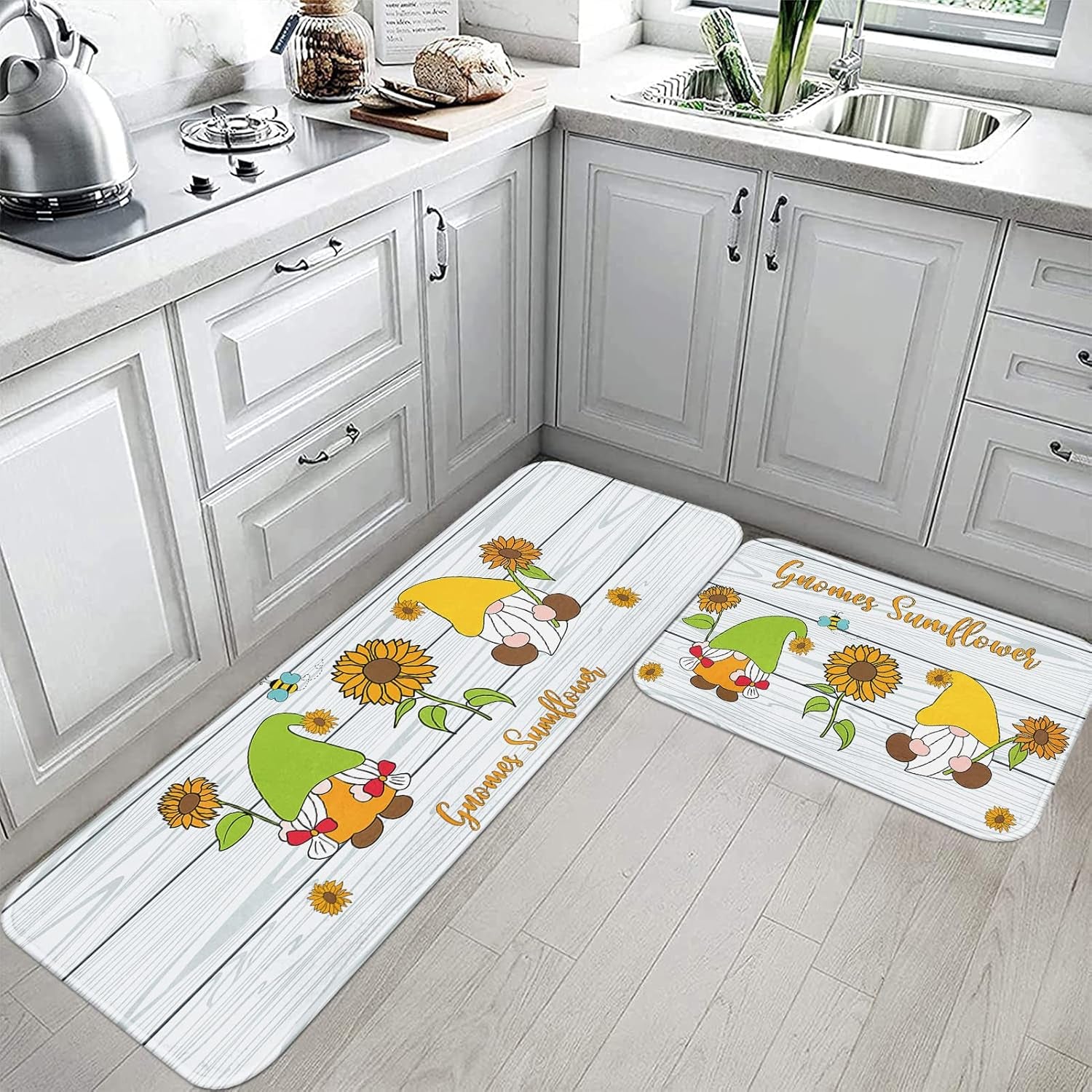 Gnome Sunflower Kitchen Rugs and Mats Non Skid Washable Set of 2, Yellow Green Gnome Bee Kitchen Mats for Floor, Rustic Farmhouse Wooden Board Kitchen Floor Mats for in Front of Sink