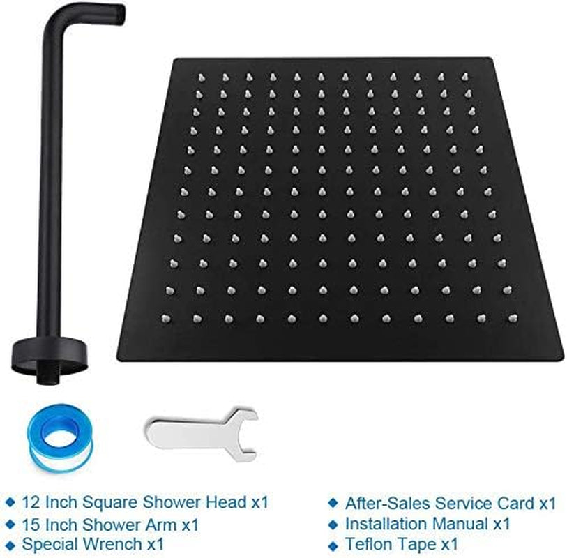 Rain Shower Head with Extension Arm,  Square Shower Heads, Large Stainless Steel Rainfall Showerhead-Waterfall Full Body Coverage (12 Inch Shower Head with 15 Inch Shower Arm, Matte Black)