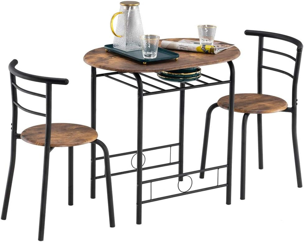 3 Piece Dining Table Set Kitchen Wood Dining Table Furniture Set and 2 Chairs Wooden round Table & Chair Set Compact Space with Steel Frame and Wine Rack for Kitchen, Dining Room (Ship from USA)