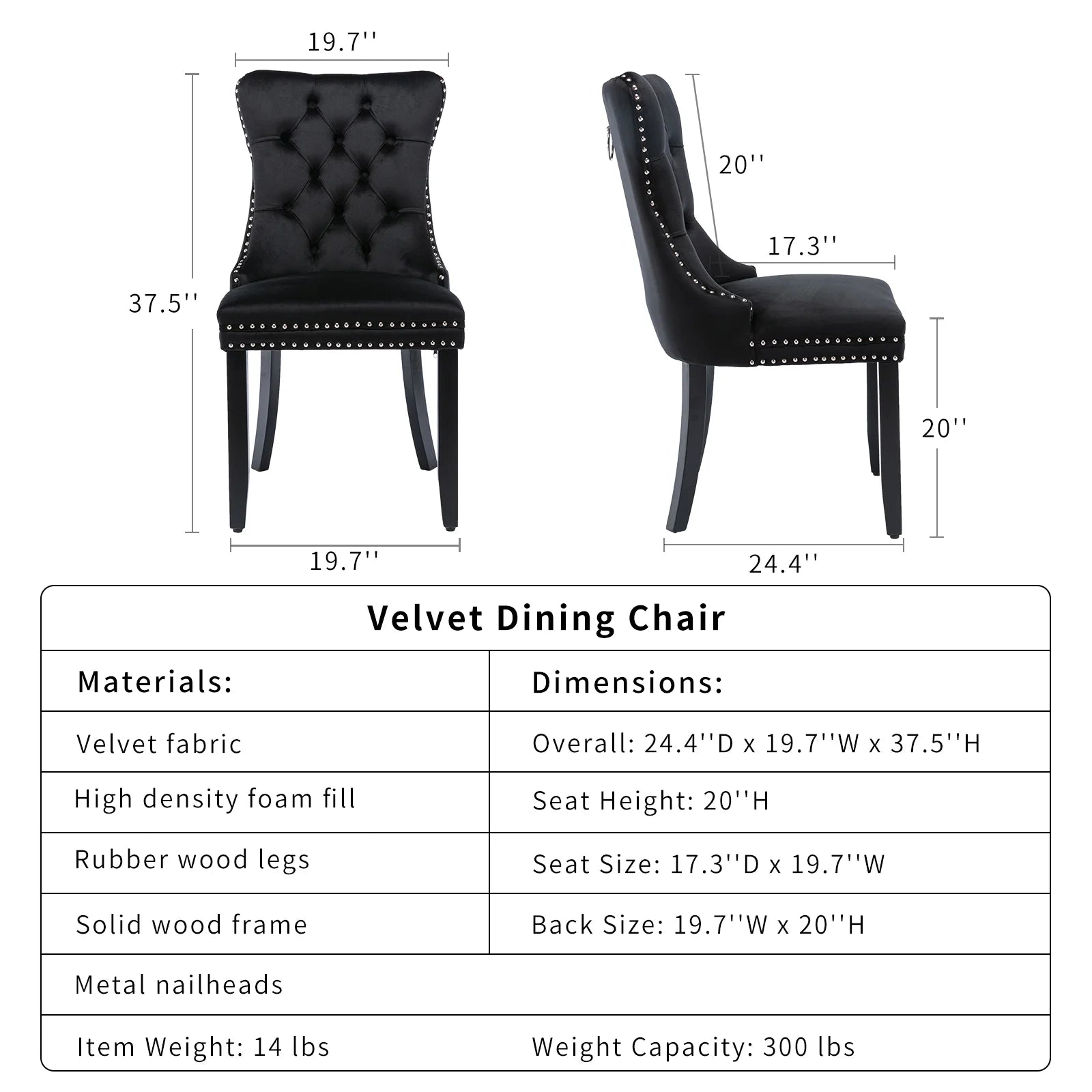 Black Velvet Dining Chairs Set of 2, Kitchen & Dining Room Chairs, Sillas De Comedor, Nailheads Tufted, Velvet Upholstered, Solid Wood (Black, 2 Pcs)