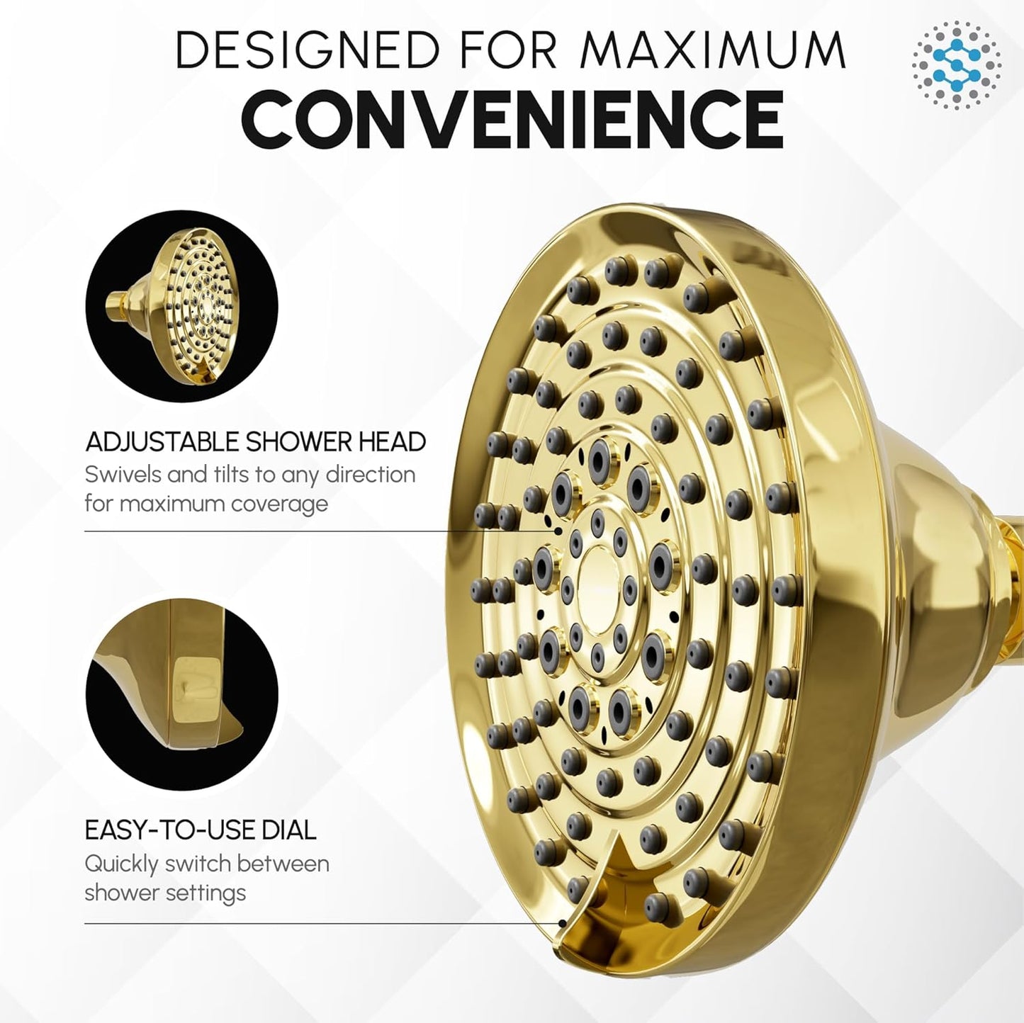 Luxury Spa: Imperialshine Gold Shower Head, 5 Inch 6 Spray Adjustable High Pressure Showerhead with 360 Degree Tilt, Experience Comfort and Elegance (Polished Brass/Imperialshine Gold)