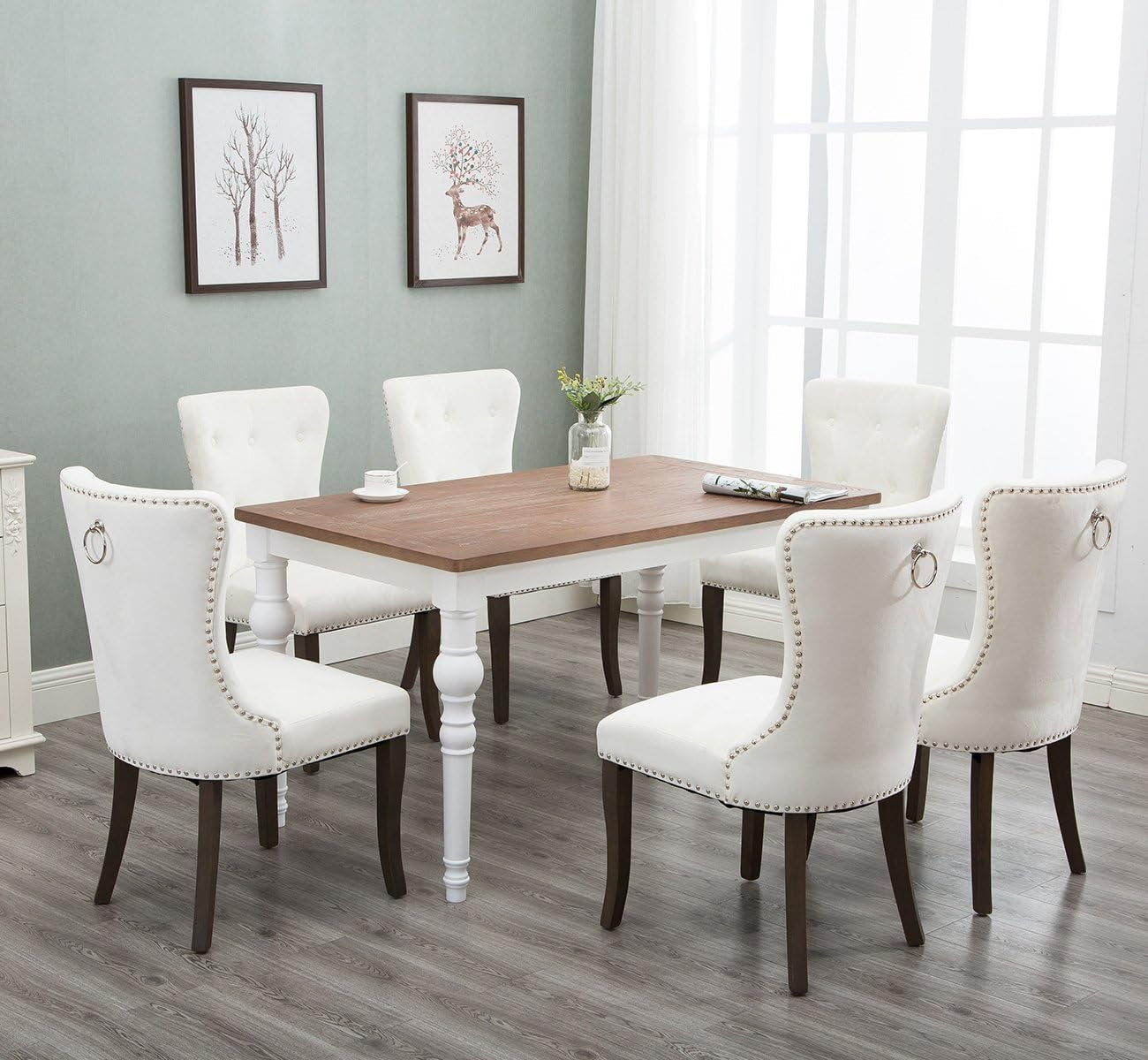 Dining Chairs Set of 2, Upholstered Cream Accent Chair Button Tufted Armless Chair with Nailhead Trim and Back Ring Pull, with Upgraded Size: 19.7 X 19.7 X 36.4 Inches