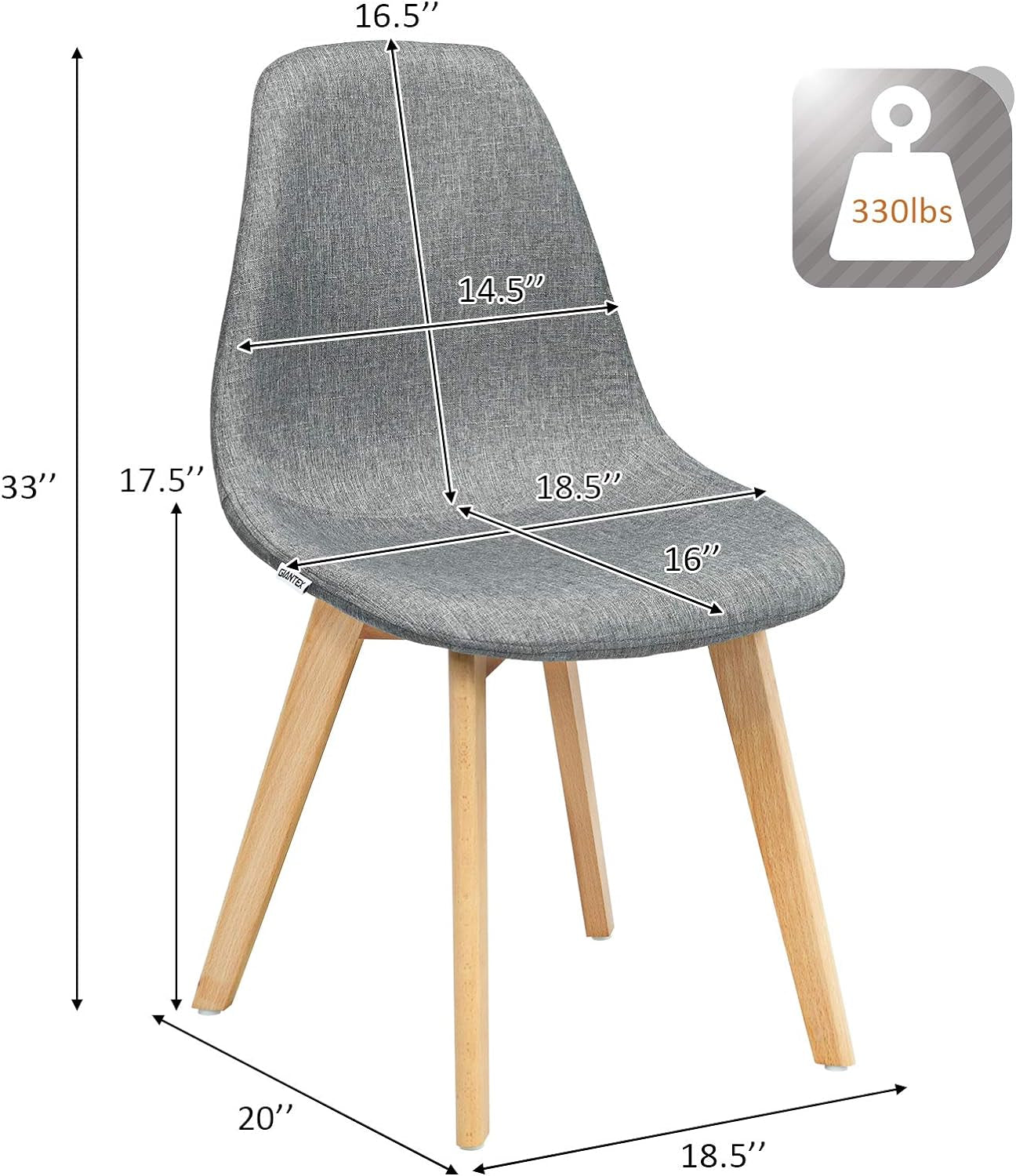 Set of 2 Modern Fabric Dining Chairs, Upholstered Accent Chair, Dining Room Side Chairs with Solid Wood Legs High Backrest Soft Padded Seat, Kitchen & Dining Room Chairs Easy Assembly, Grey