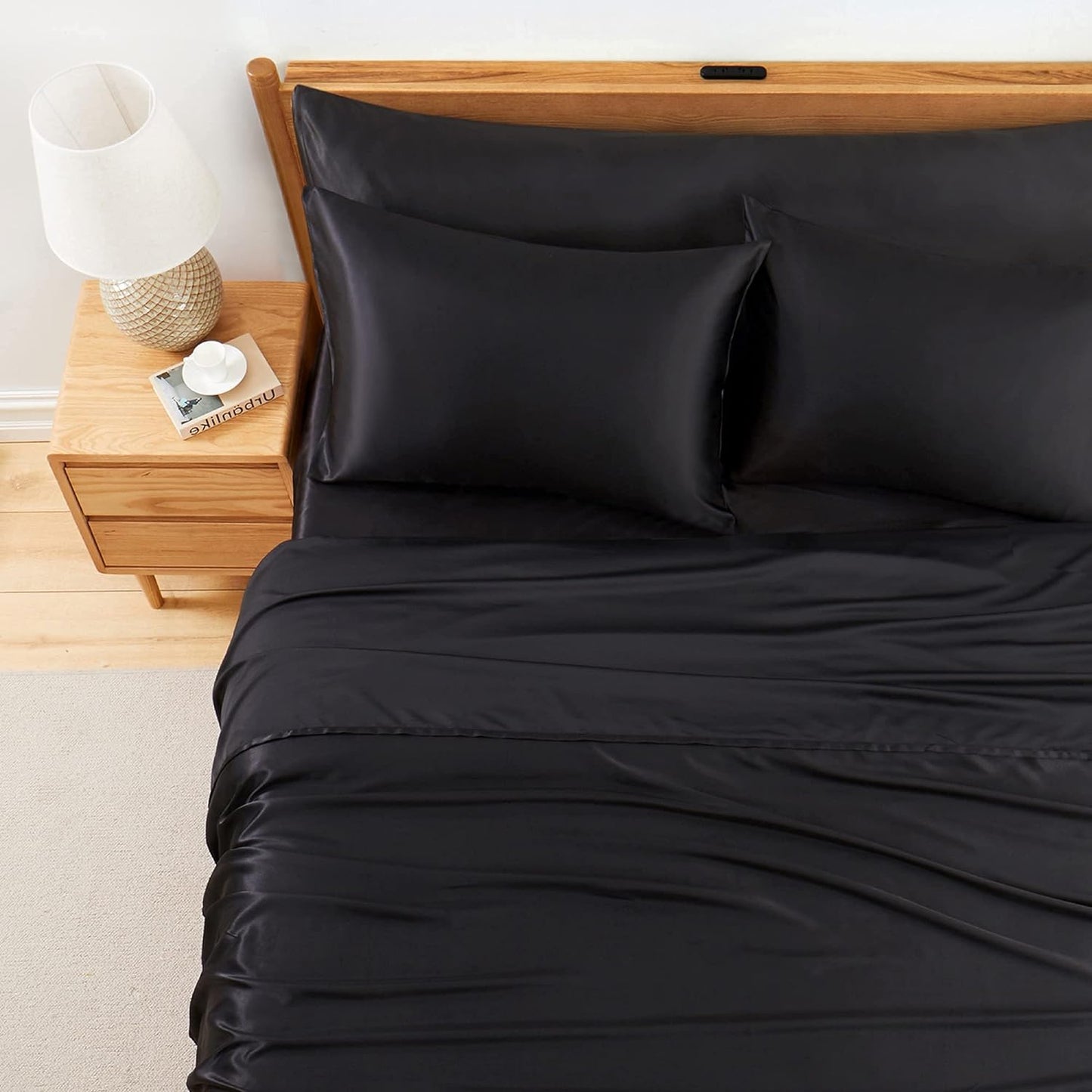 5Pcs Silky Satin Sheets Set, King Size Satin Bed Sheets Set, Black Luxury Bedding Sets, Breathable & Ultra Soft Sheets Set Includes 1 Fitted Sheet, 1 Flat Sheet, 3 Pillowcases