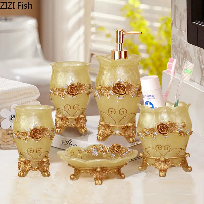 Emboss Bathroom Supplies Lotion Bottle Toothbrush Cup Resin Bathroom Five-Piece Suit Household Bathroom Accessories