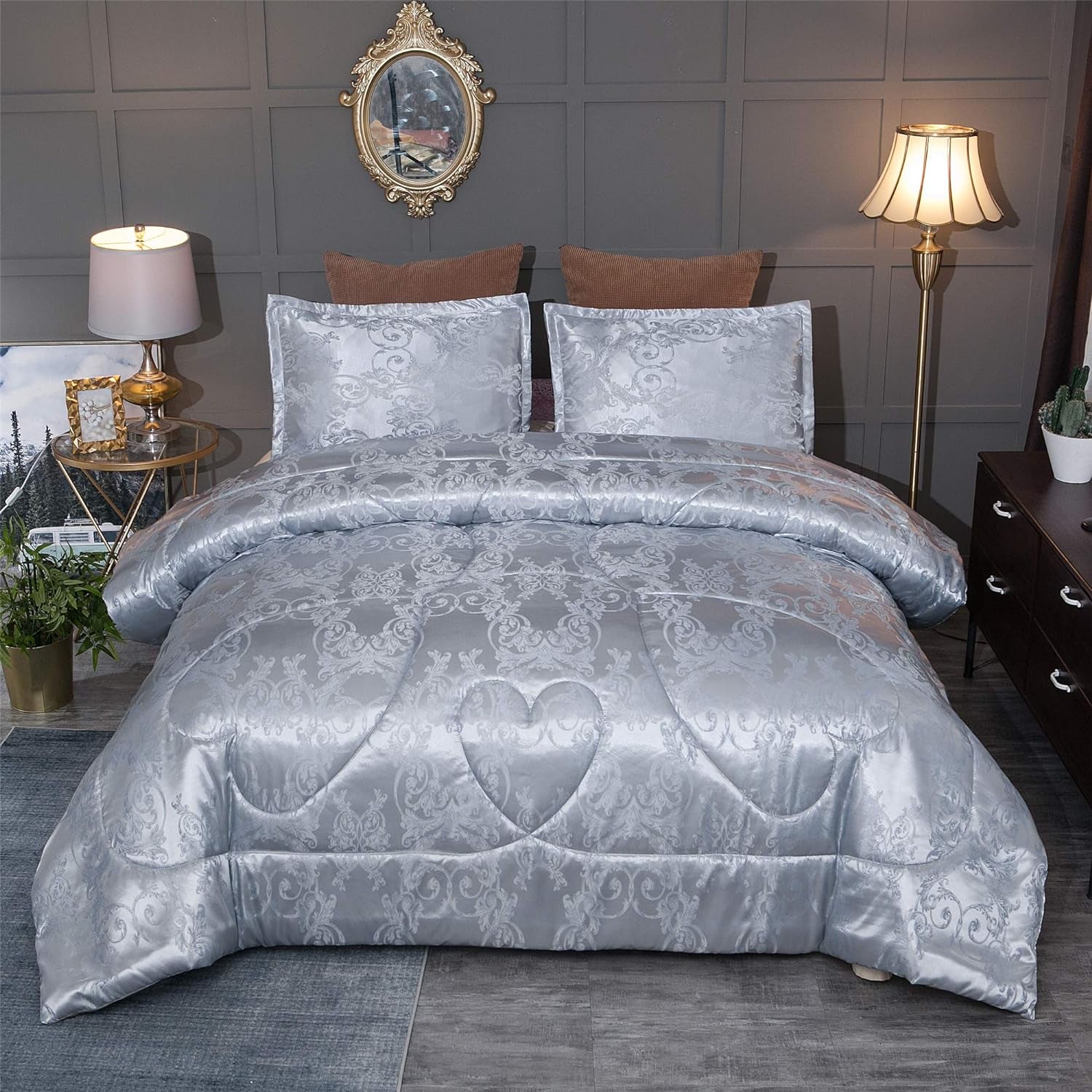 King Size Comforter Set, Silver Bedding Comforter Sets All Season Grey Bed Comforter King Set, Soft Lightweight Silk Jacquard Comforter Set with 2 Pillow Shams(King,104X90)