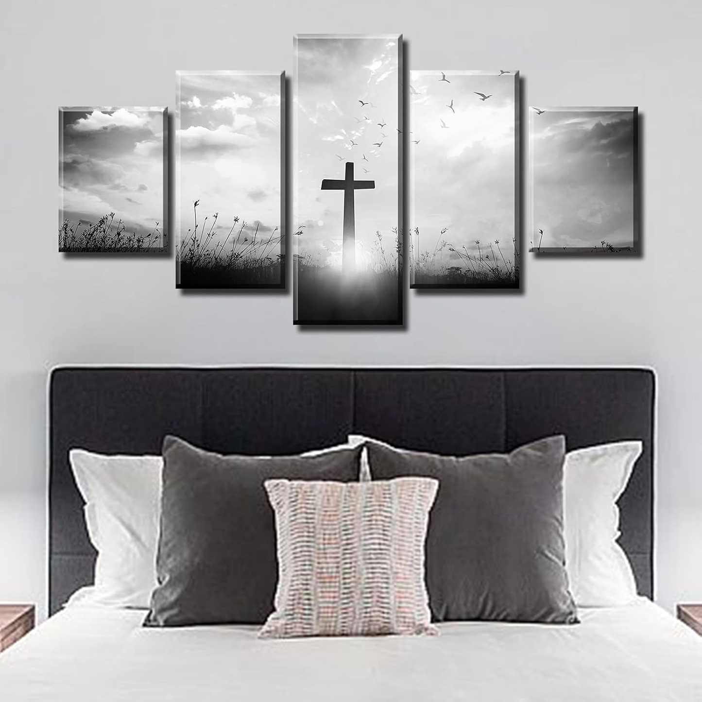 Black and White Wall Art Christian Wall Decor for Living Room Religious Jesus Cross Pictures Prints Church Home Bedroom Spiritual Artwork Decorations 60" W X 32" H 5 Pieces