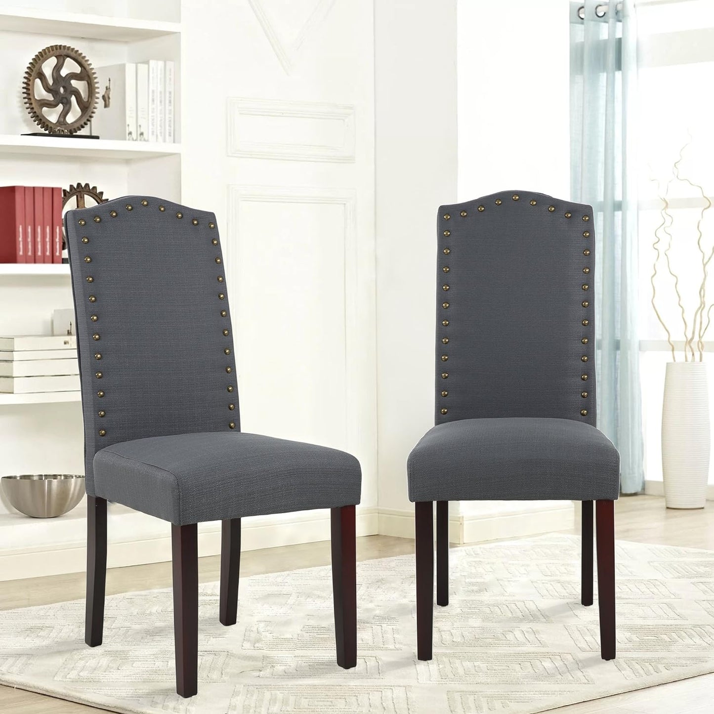 Set of 2 Luxurious Fabric Dining Chairs with Copper Nails and Solid Wood Legs (Dark Gray)