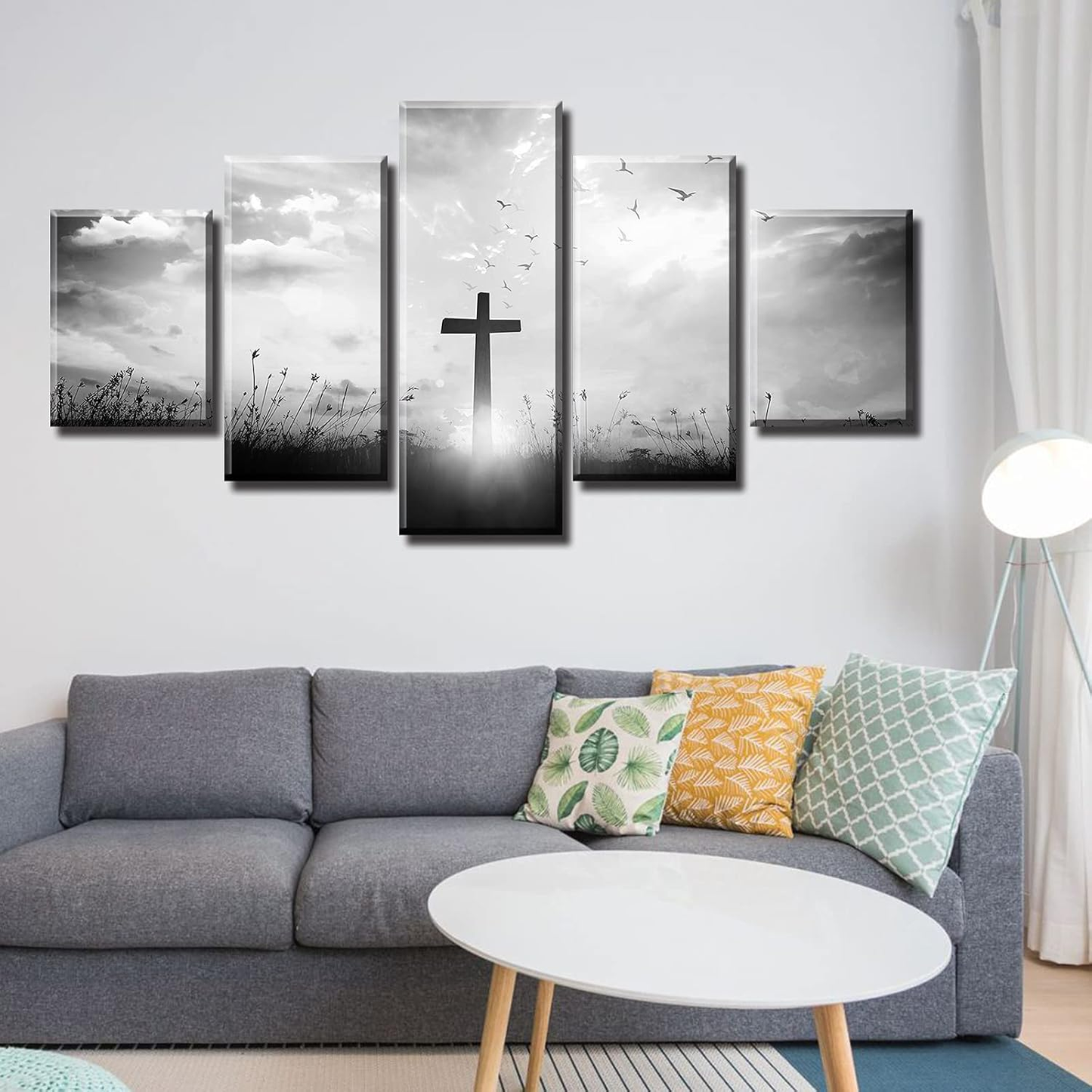 Black and White Wall Art Christian Wall Decor for Living Room Religious Jesus Cross Pictures Prints Church Home Bedroom Spiritual Artwork Decorations 60" W X 32" H 5 Pieces