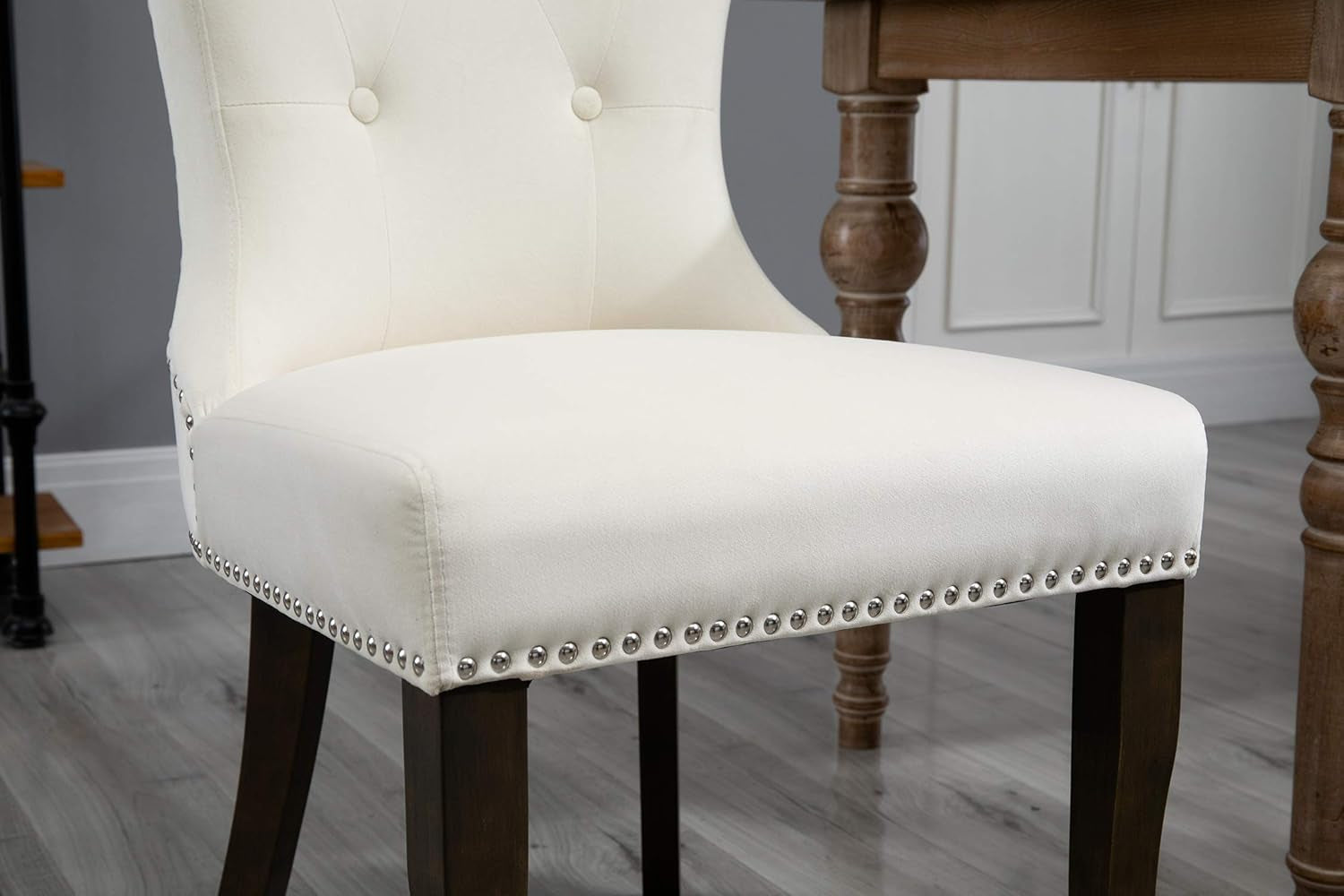 Dining Chairs Set of 2, Upholstered Cream Accent Chair Button Tufted Armless Chair with Nailhead Trim and Back Ring Pull, with Upgraded Size: 19.7 X 19.7 X 36.4 Inches