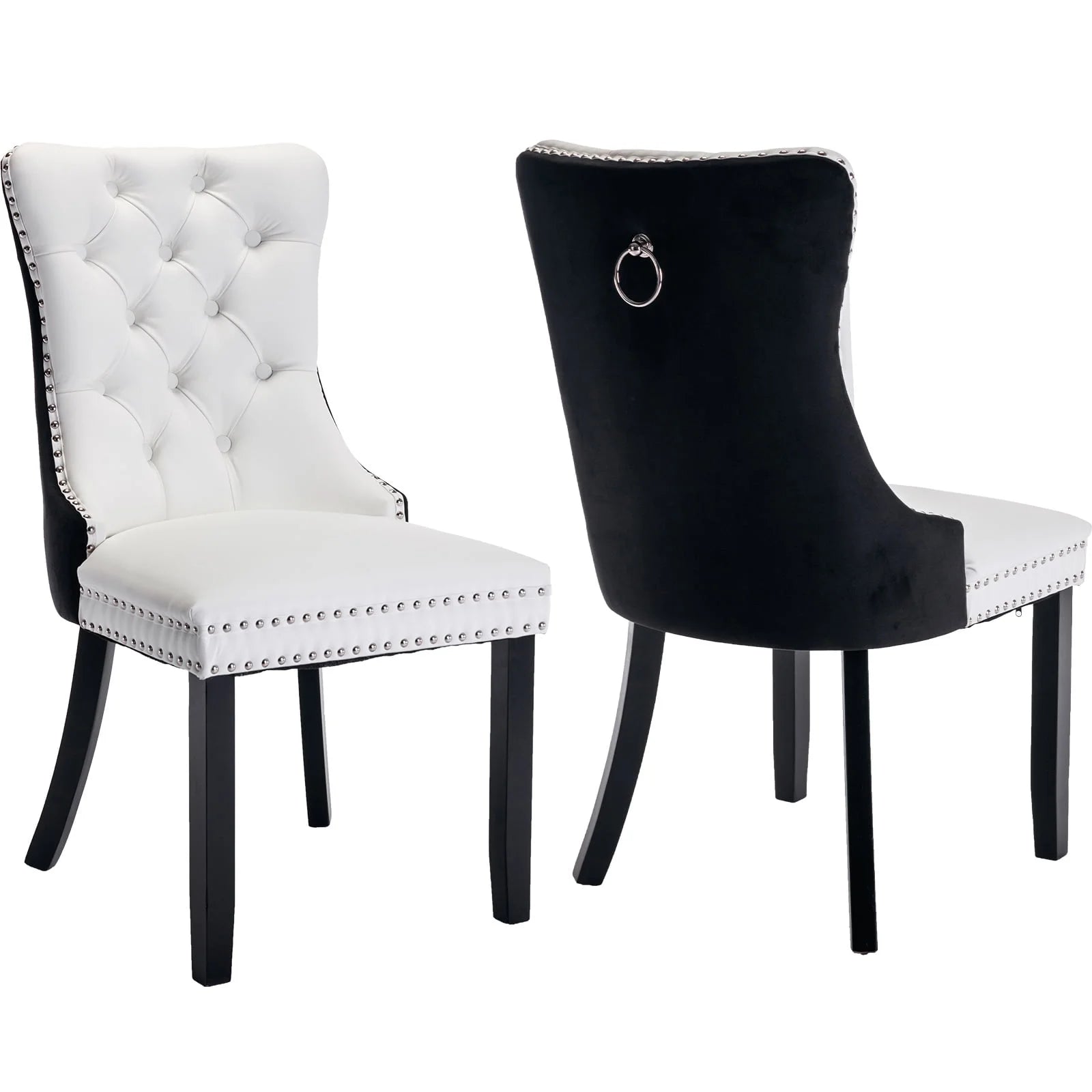 Dining Chairs Set of 2, Kitchen & Dining Room Chairs, Nailheads Tufted, Sillas De Comedor, White PU & Black Velvet Upholstered, Wood Legs (Two-Tone, 2 Pcs)