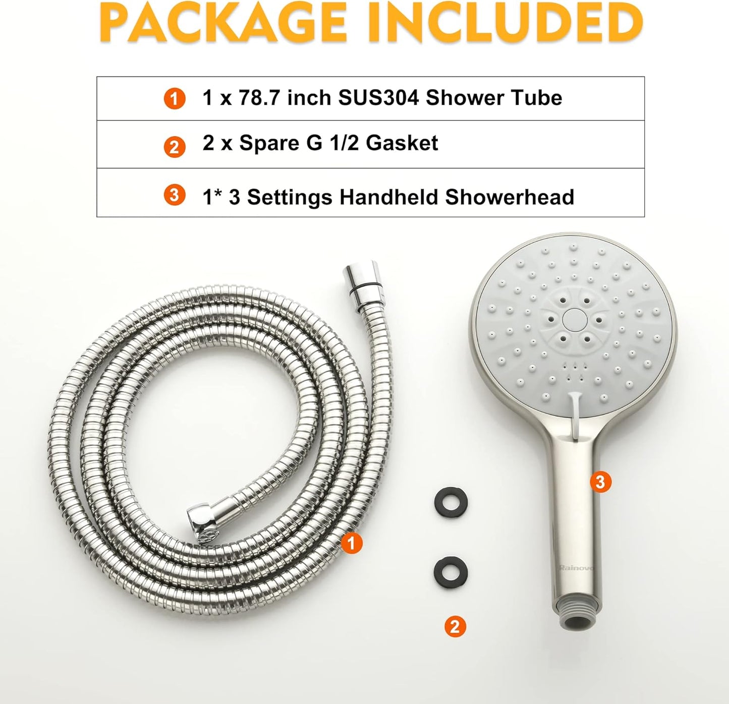 High Pressure Shower Head with Handheld 3 Settings - 5 Inch Handheld Rain Shower with Extra Shower Hose - Self-Cleaning Anti-Clogging Detachable Shower Head Sprayer Brushed Nickel