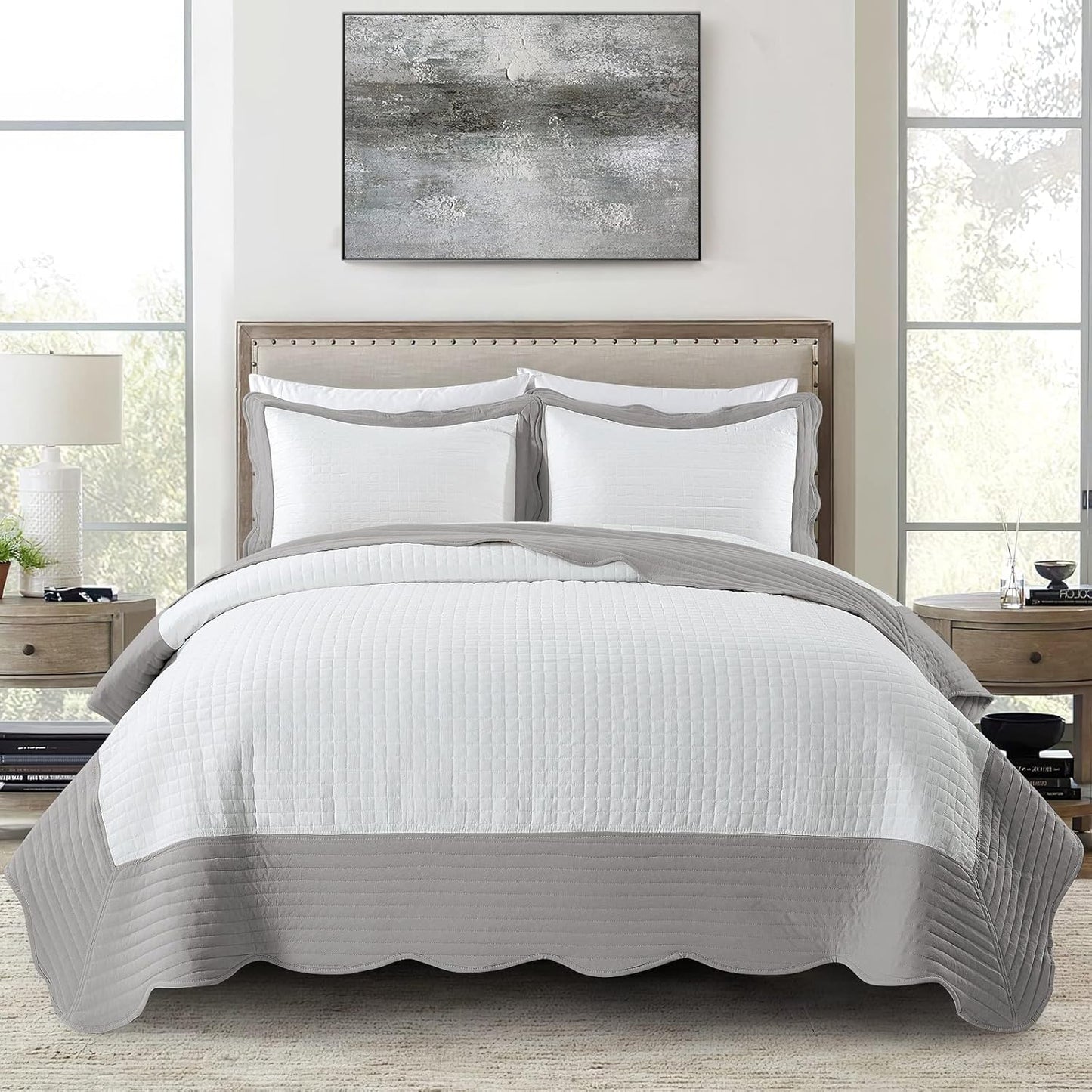3-Piece Queen Quilt Set - Soft Warm Coverlet Bedspread Set (90 X 90 Inch) with 2 Pillow Sham (20 X 26 Inch), White and Grey