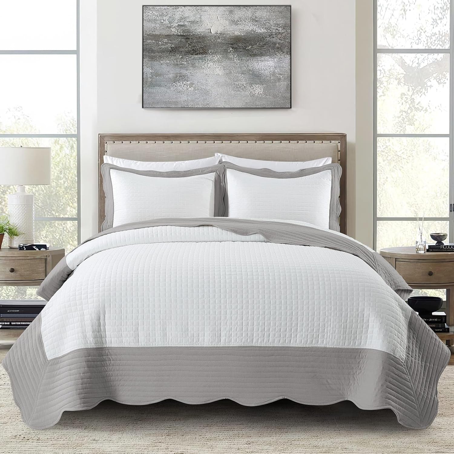 3-Piece Queen Quilt Set - Soft Warm Coverlet Bedspread Set (90 X 90 Inch) with 2 Pillow Sham (20 X 26 Inch), White and Grey