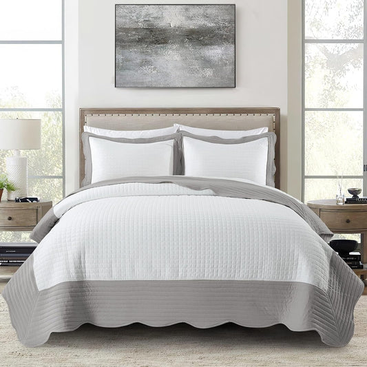 3-Piece Queen Quilt Set - Soft Warm Coverlet Bedspread Set (90 X 90 Inch) with 2 Pillow Sham (20 X 26 Inch), White and Grey