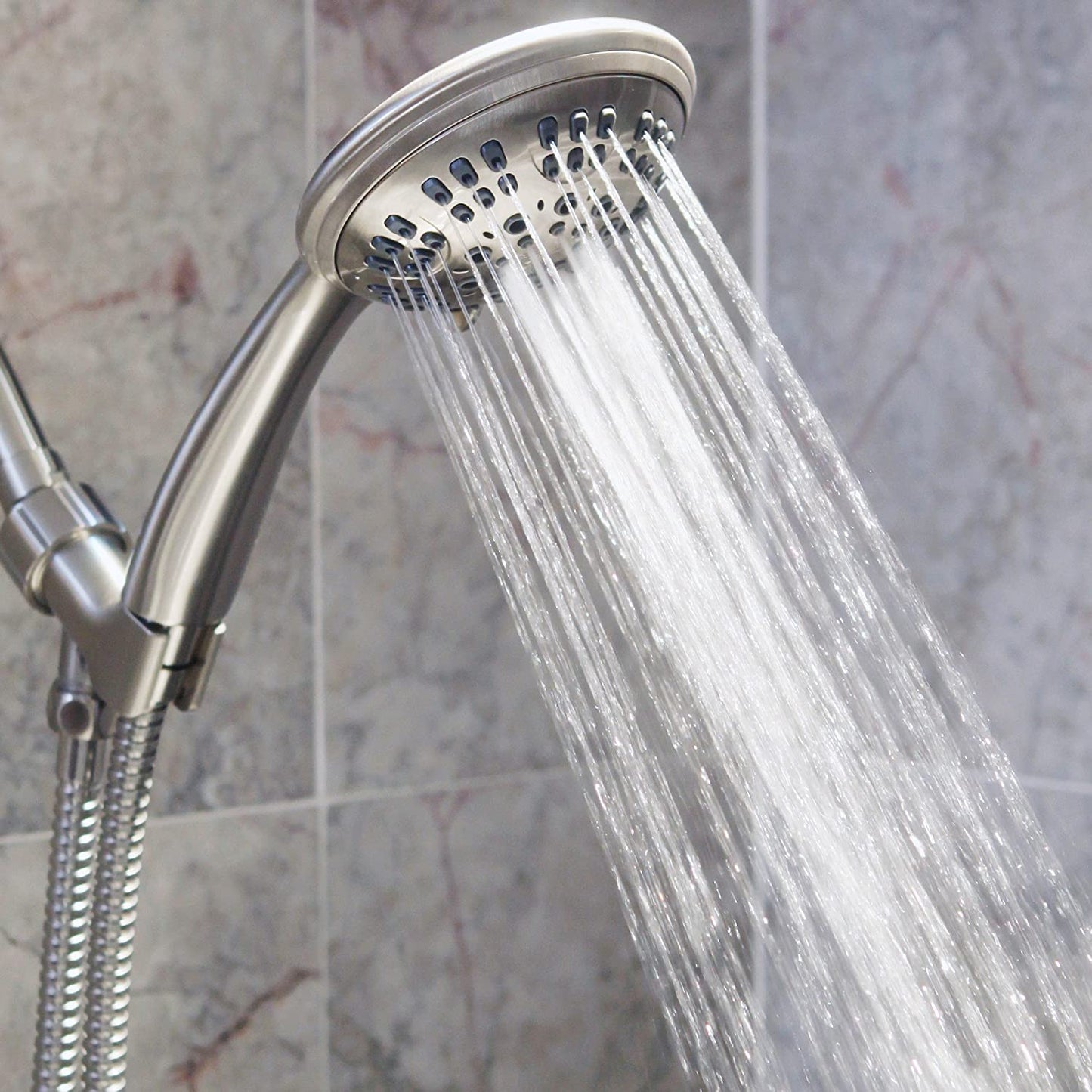 6 Function Luxury Handheld Shower Head - Adjustable Pressure Rainfall Spray with Removable Nozzle, Brushed Nickel