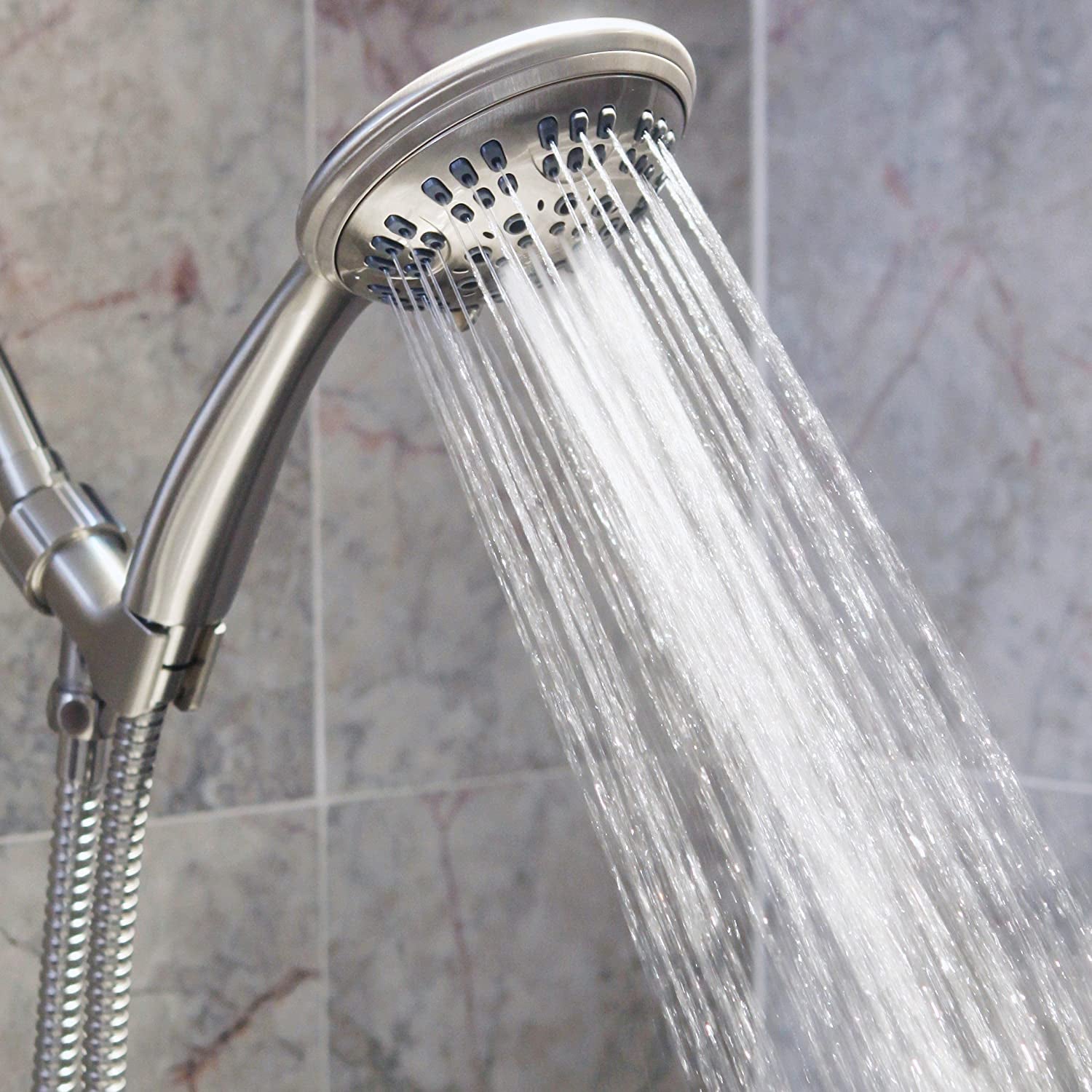 6 Function Luxury Handheld Shower Head - Adjustable Pressure Rainfall Spray with Removable Nozzle, Brushed Nickel