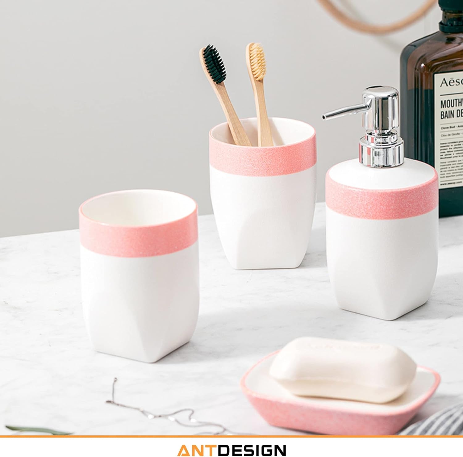 Pink Bathroom Accessory Set 5 Pcs, Including Hand Pump Soap Dispenser, Soap Dish, Toothbrush Holder and Vase,For Modern Bathroom Décor (Pink)