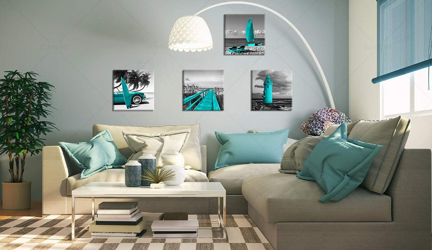 Beach Wall Art Teal Wall Decor Bathroom Decor Sets Accessories Black and White Ocean Lighthouse Painting Palm Tree Surfboard Car Bridge Picture Prints Seascape Office Bedroom Poster 12X12 Inches X4