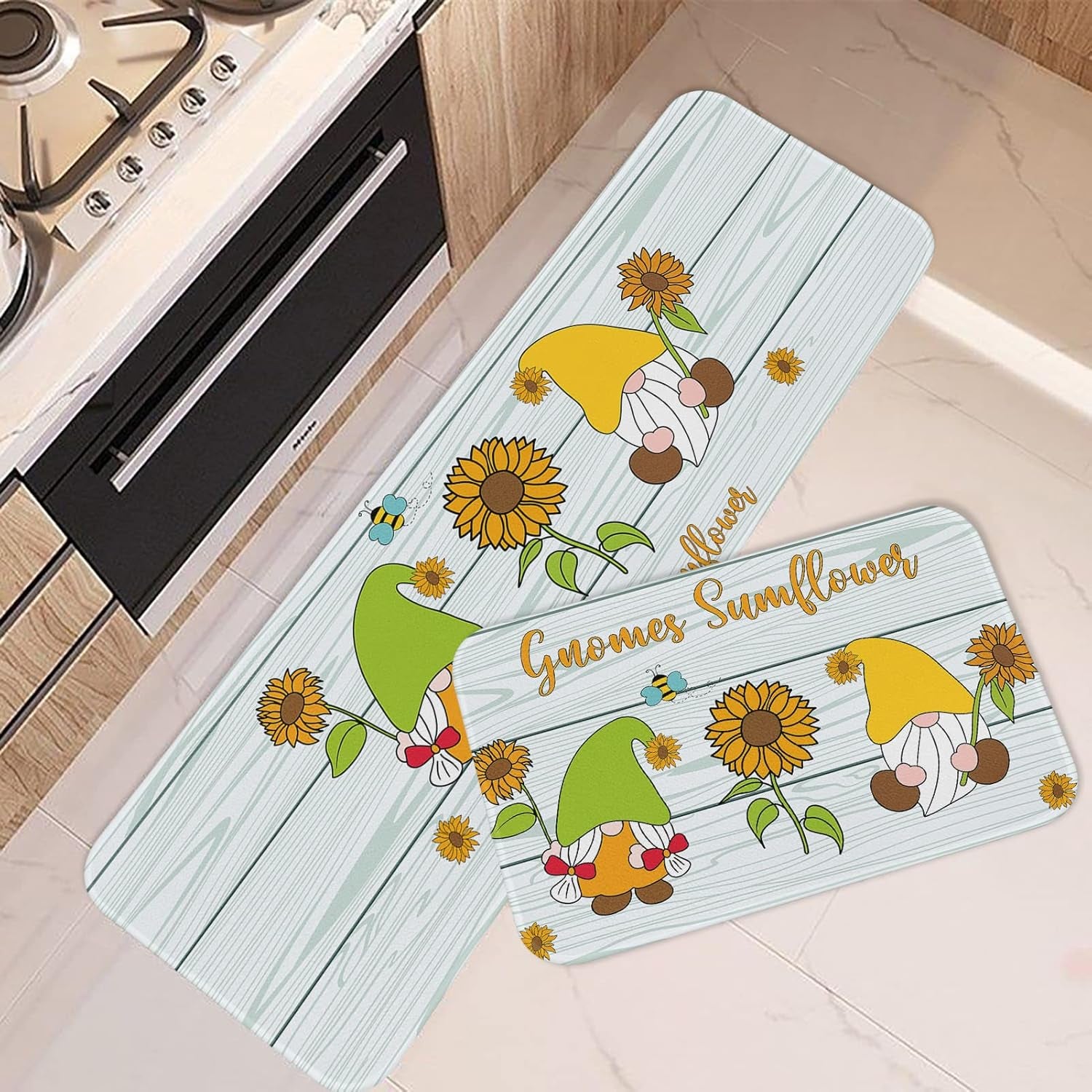 Gnome Sunflower Kitchen Rugs and Mats Non Skid Washable Set of 2, Yellow Green Gnome Bee Kitchen Mats for Floor, Rustic Farmhouse Wooden Board Kitchen Floor Mats for in Front of Sink