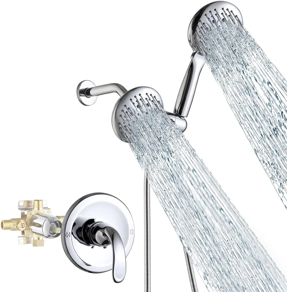 Shower Faucet Set with Valve Chrome Bathroom High Pressure 35 Setting Dual 2 in 1 Shower Head System with Handheld, 3-Way Water Diverter Shower Trim Kit