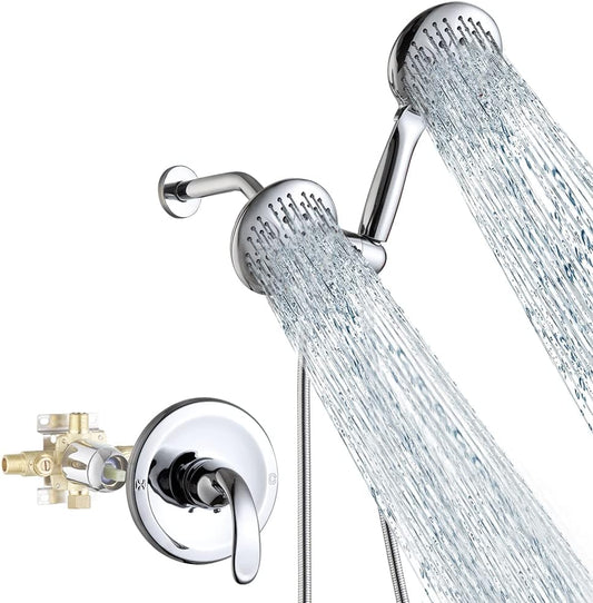 Shower Faucet Set with Valve Chrome Bathroom High Pressure 35 Setting Dual 2 in 1 Shower Head System with Handheld, 3-Way Water Diverter Shower Trim Kit