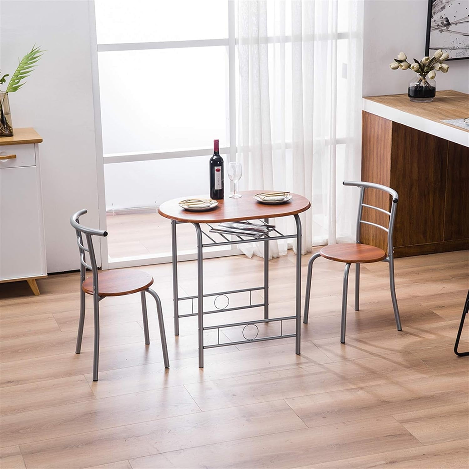 3 Piece Dining Table Set Kitchen Wood Dining Table Furniture Set and 2 Chairs Wooden round Table & Chair Set Compact Space with Steel Frame and Wine Rack for Kitchen, Dining Room (Ship from USA)