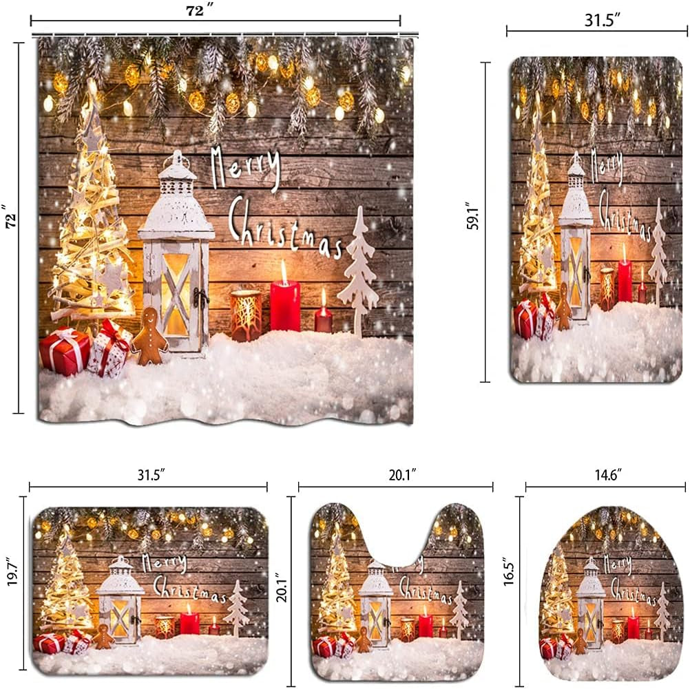 5 Pcs Wood Light Snow Christmas Tree Decor Merry Christmas Shower Curtain Sets with Rugs and Towels, Toilet Lid Cover, Bath Mat Festive Colorful Xmas Elements Bathroom Set