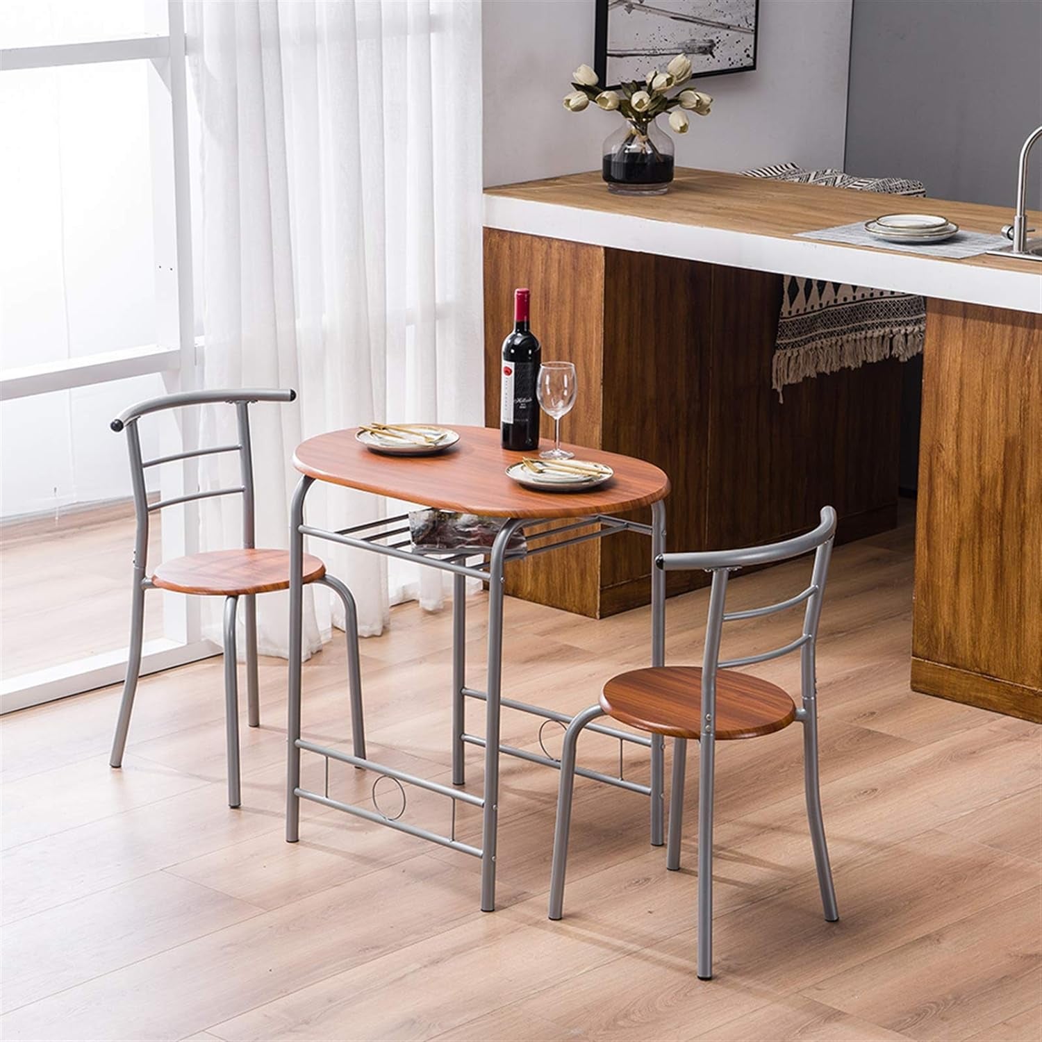 3 Piece Dining Table Set Kitchen Wood Dining Table Furniture Set and 2 Chairs Wooden round Table & Chair Set Compact Space with Steel Frame and Wine Rack for Kitchen, Dining Room (Ship from USA)