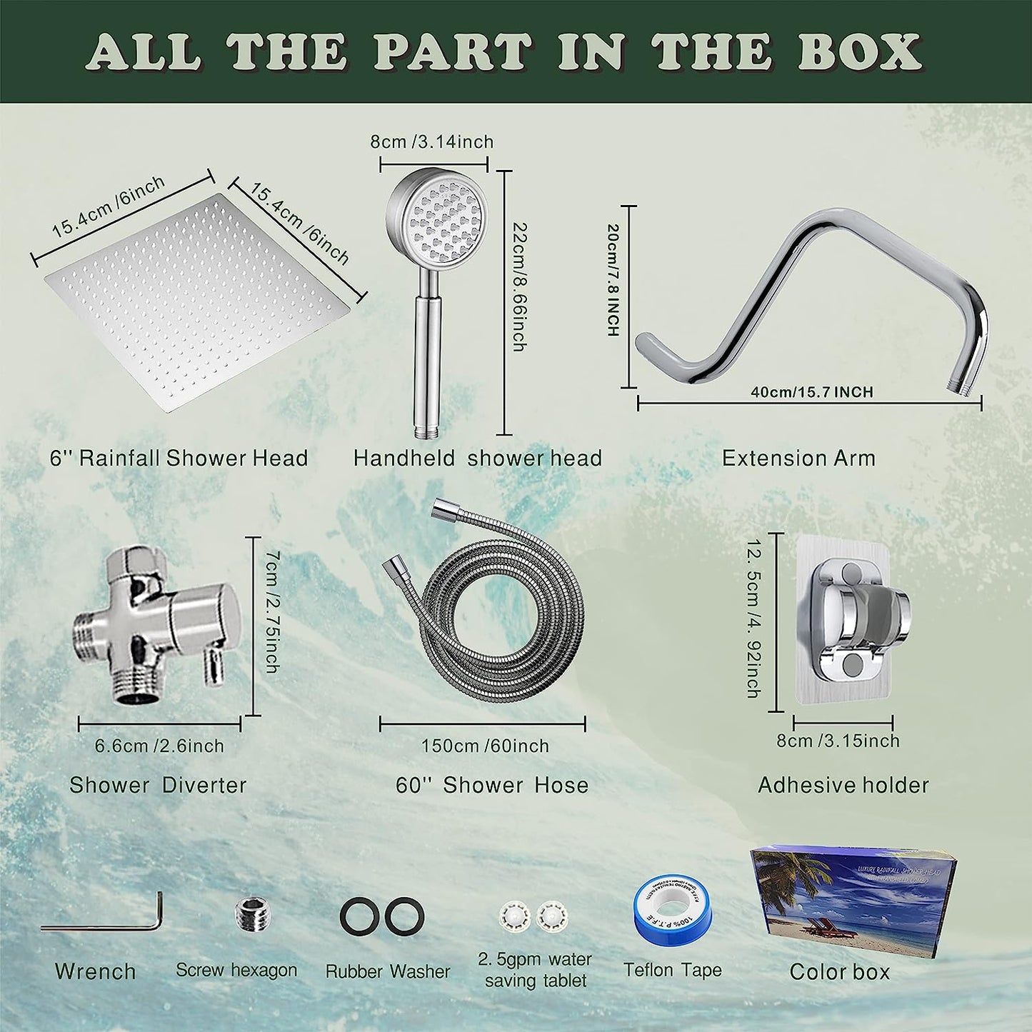 6"All Metal Shower Heads with Handheld,Luxurious Stainless Steel Shower Head,Metal Single Setting Handheld,With Extension Shower Arm
