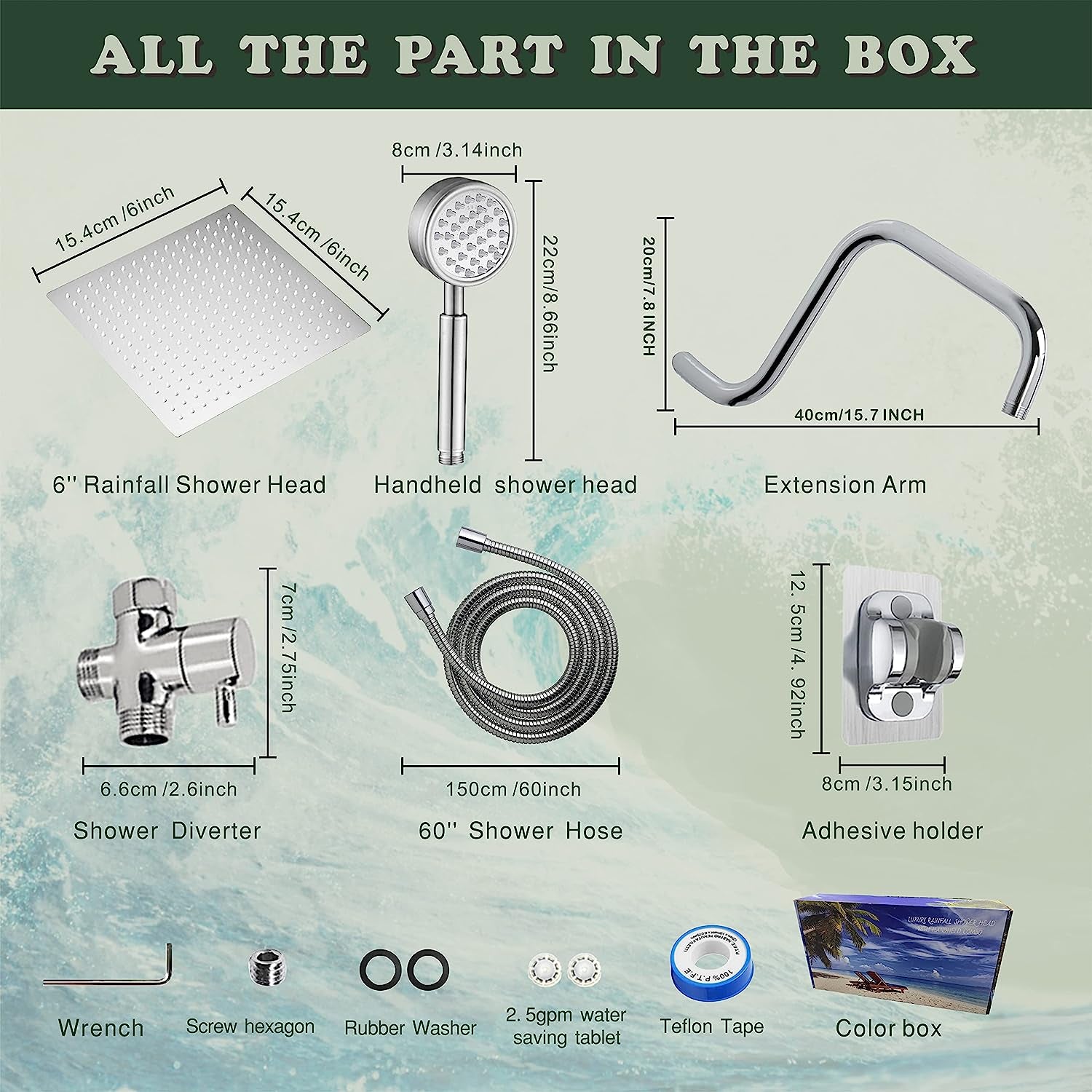 6"All Metal Shower Heads with Handheld,Luxurious Stainless Steel Shower Head,Metal Single Setting Handheld,With Extension Shower Arm