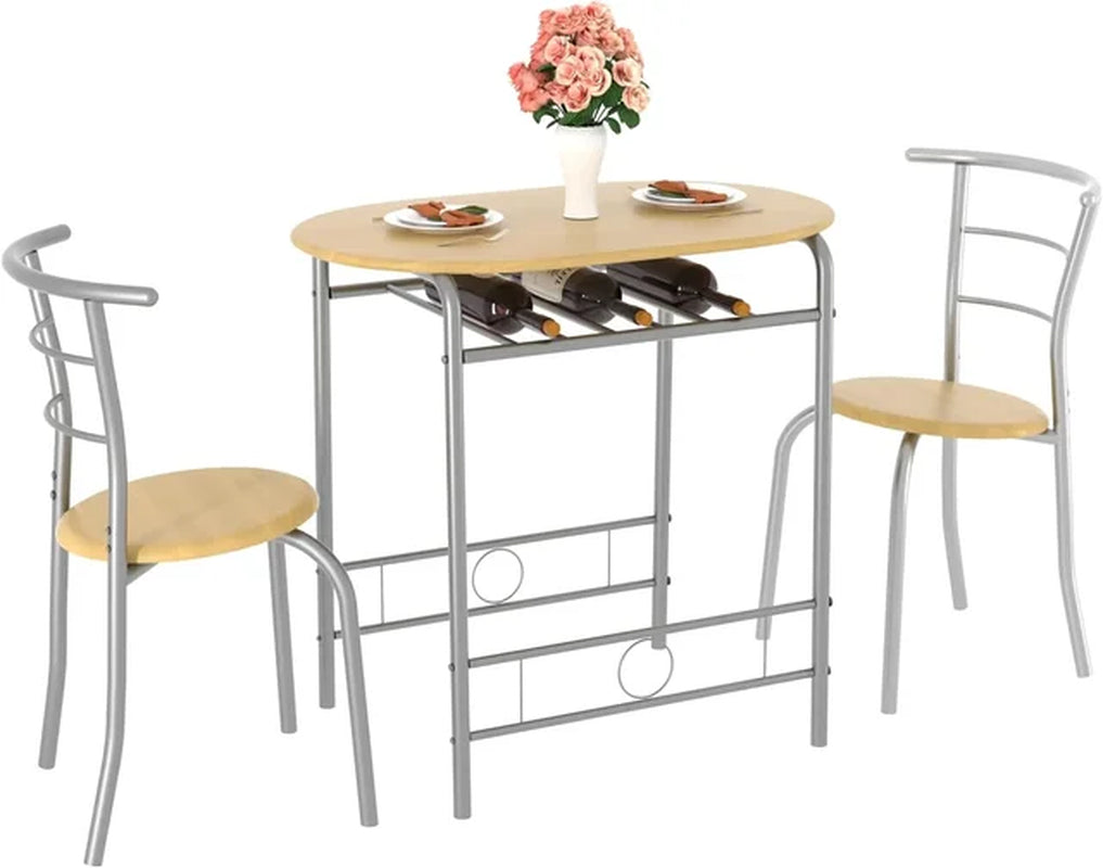 3 Piece Small round Dining Table Set for Kitchen Breakfast Nook, Wood Grain Tabletop with Wine Storage Rack, save Space, 31.5"