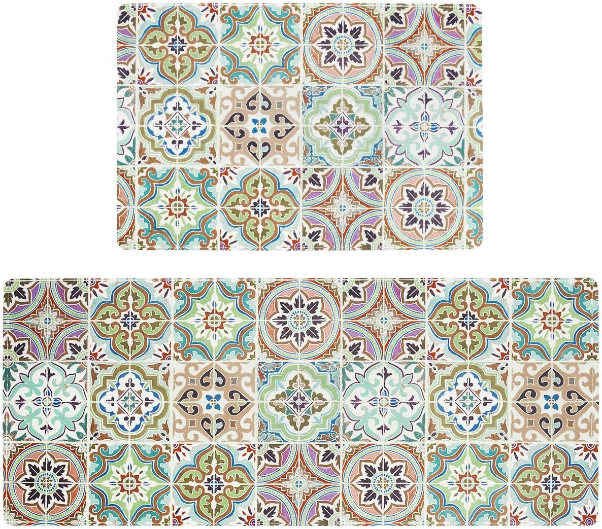 Bohemian Kitchen Rug Sets 2 Piece Non Skid Large Cushioned Kitchen Floor Mat Runner Set Waterproof Foam Rugs Floor Carpet for Sink Laundry Bathroom