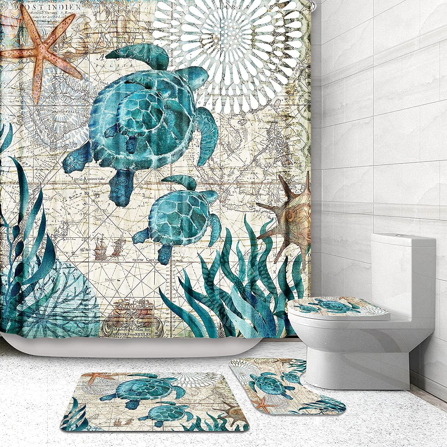 Nautical Blue Sea Bathroom Sets with Shower Curtain and Rugs and Accessories, Ocean Turtle Shower Curtain Sets with 12 Hooks, Bath Mat Set Bathroom Decor by Durable Waterproof Fabric