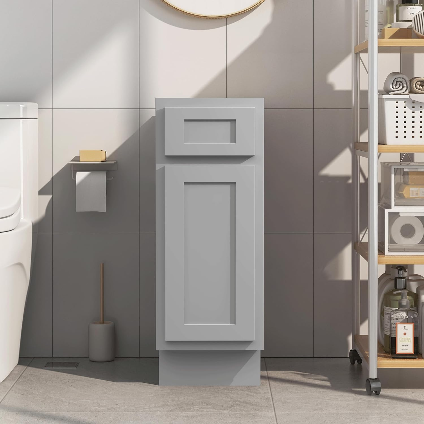 15 Inch Small Bathroom Vanity Cabinet with Soft Closing Drawer and Door, Single Door Right Offset Shaker Design Floor Mount Side Bathroom Organizers