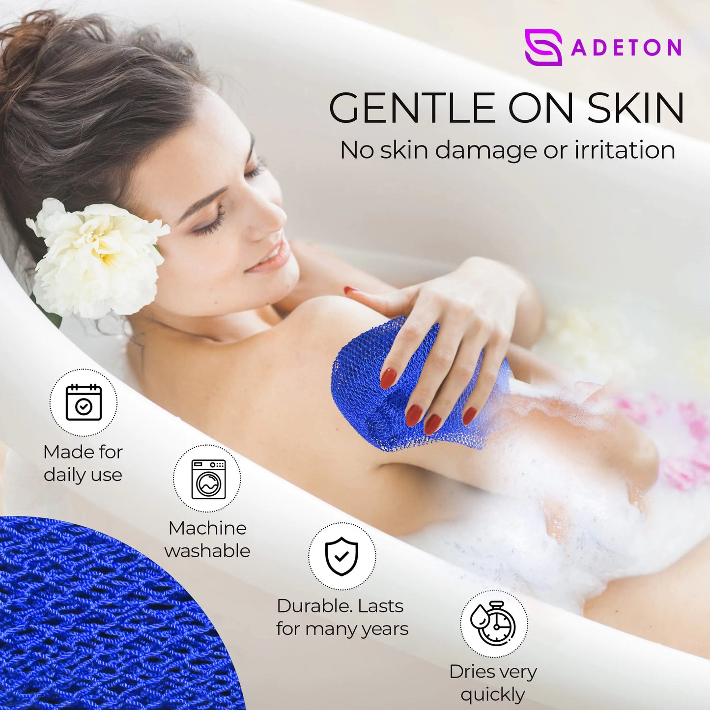 Adeton African Exfoliating Net Sponges, Authentic, Real, Body Scrubber, Long Wash Cloth, Body Exfoliator, 17 Colors, Sapo, Shower Accessories, Back Foot Scalp Scrub, Flat Dead Skin Remover (Navy Blue) NAVY BLUE