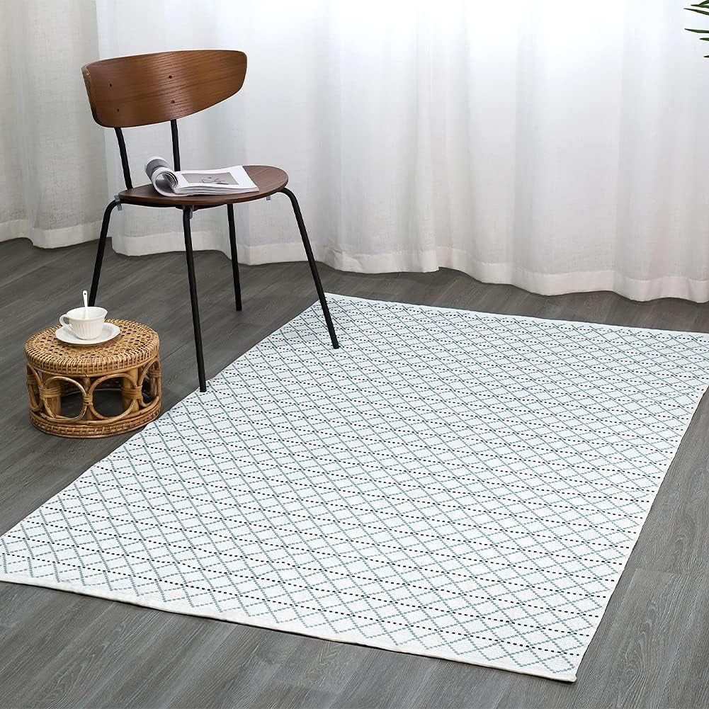 Cotton Woven Area Rug Farmhouse Kitchen Rug 4X6 Feet, Washable Boho Small Rug for Bathroom Outdoor Patio Entryway, Tribal Throw Rug Flatwoven Floor Carpet Door Mat 4'X6', Moroccan Pattern Blue Cream