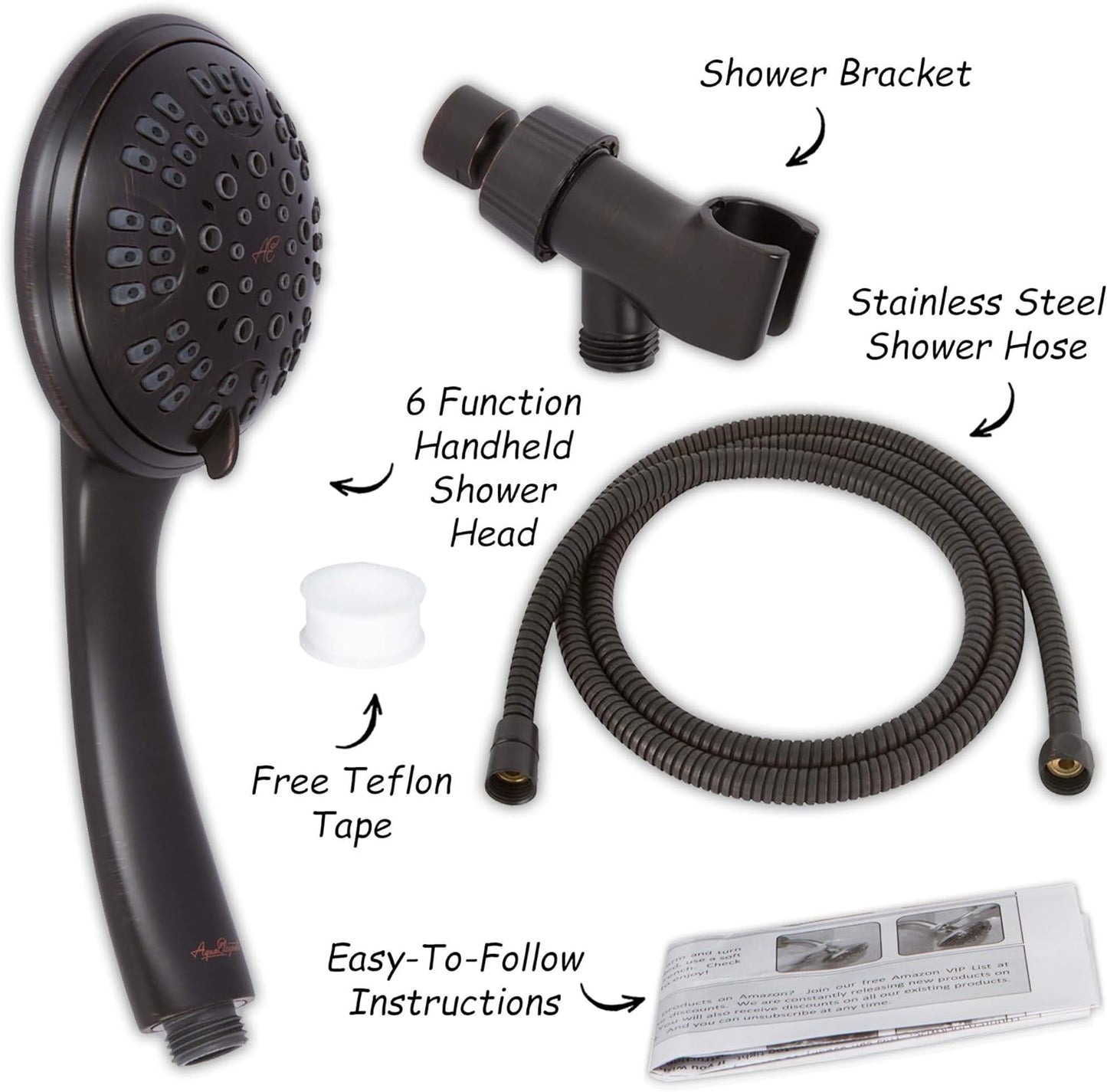 6 Function Handheld Shower Head Kit - High Pressure, Removable Hand Held Showerhead with Hose & Mount and Adjustable Rainfall Spray, 2.5 GPM - Oil-Rubbed Bronze