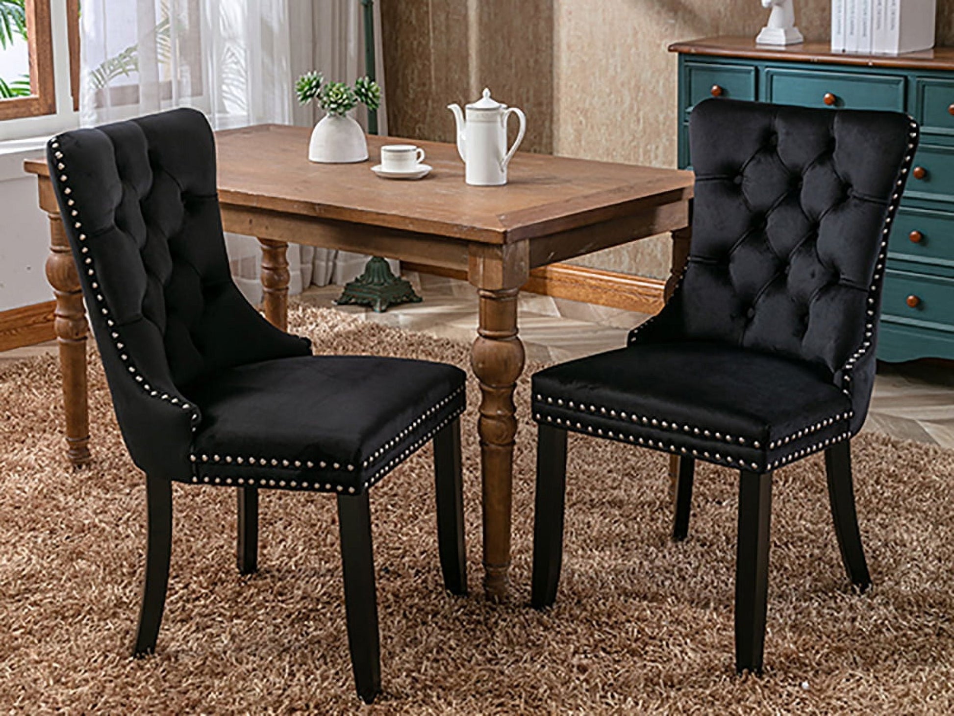 Black Velvet Dining Chairs Set of 2, Kitchen & Dining Room Chairs, Sillas De Comedor, Nailheads Tufted, Velvet Upholstered, Solid Wood (Black, 2 Pcs)