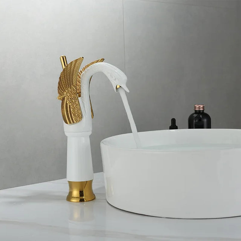 Gold White Brass Basin Faucets Swan Mixer Hot Cold Sink Single Hole Handle Water Tap Deck Mounted Copper Bathroom Accessories