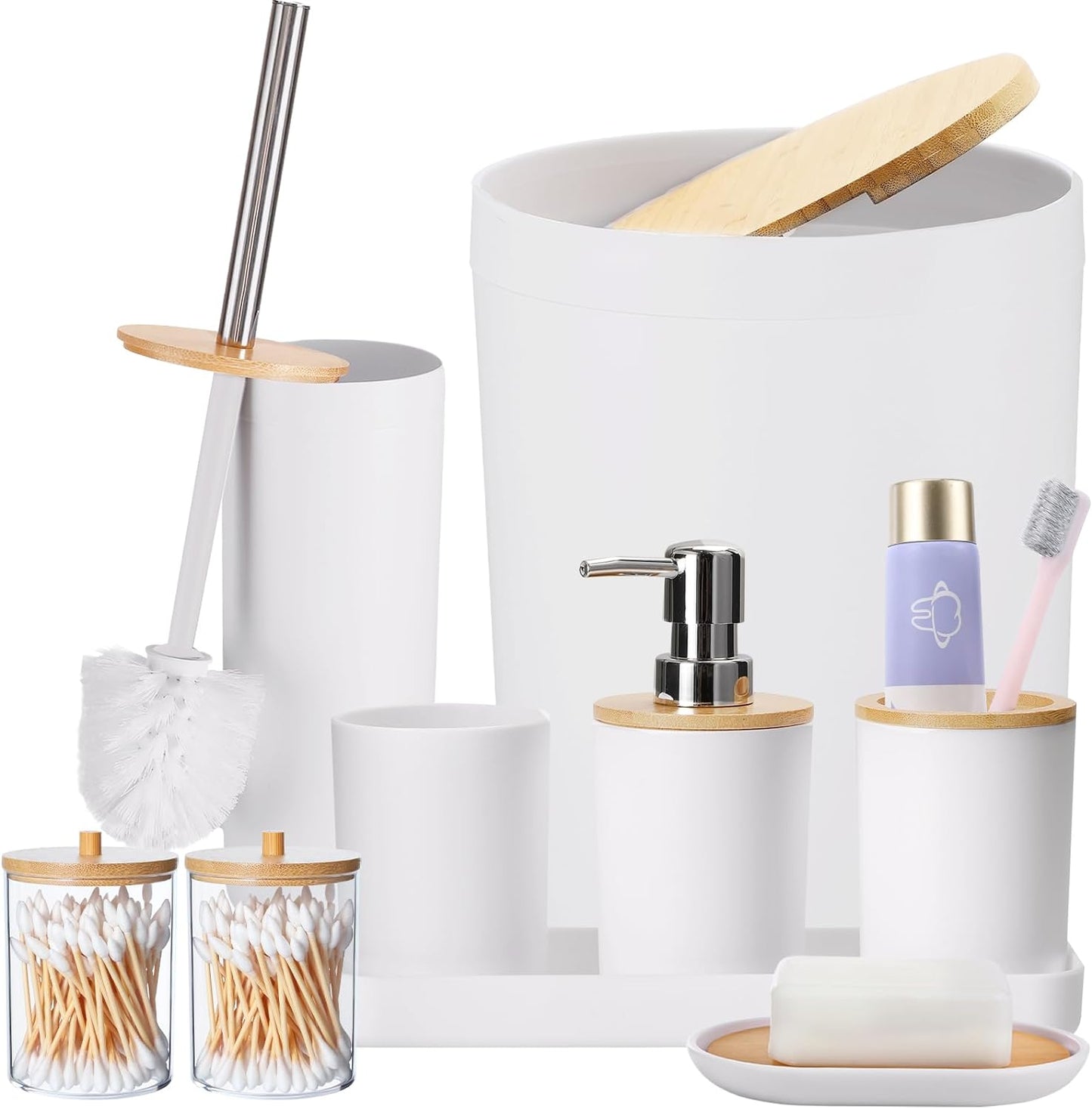 9 Pieces Bathroom Accessory Set, White Bathroom Accessories Set with Trash Can, Tray, Soap Dispenser, Toothbrush Holder, Toothbrush Cup, Soap Dish, Toilet Brush and Q-Tip Holders for Bathroom