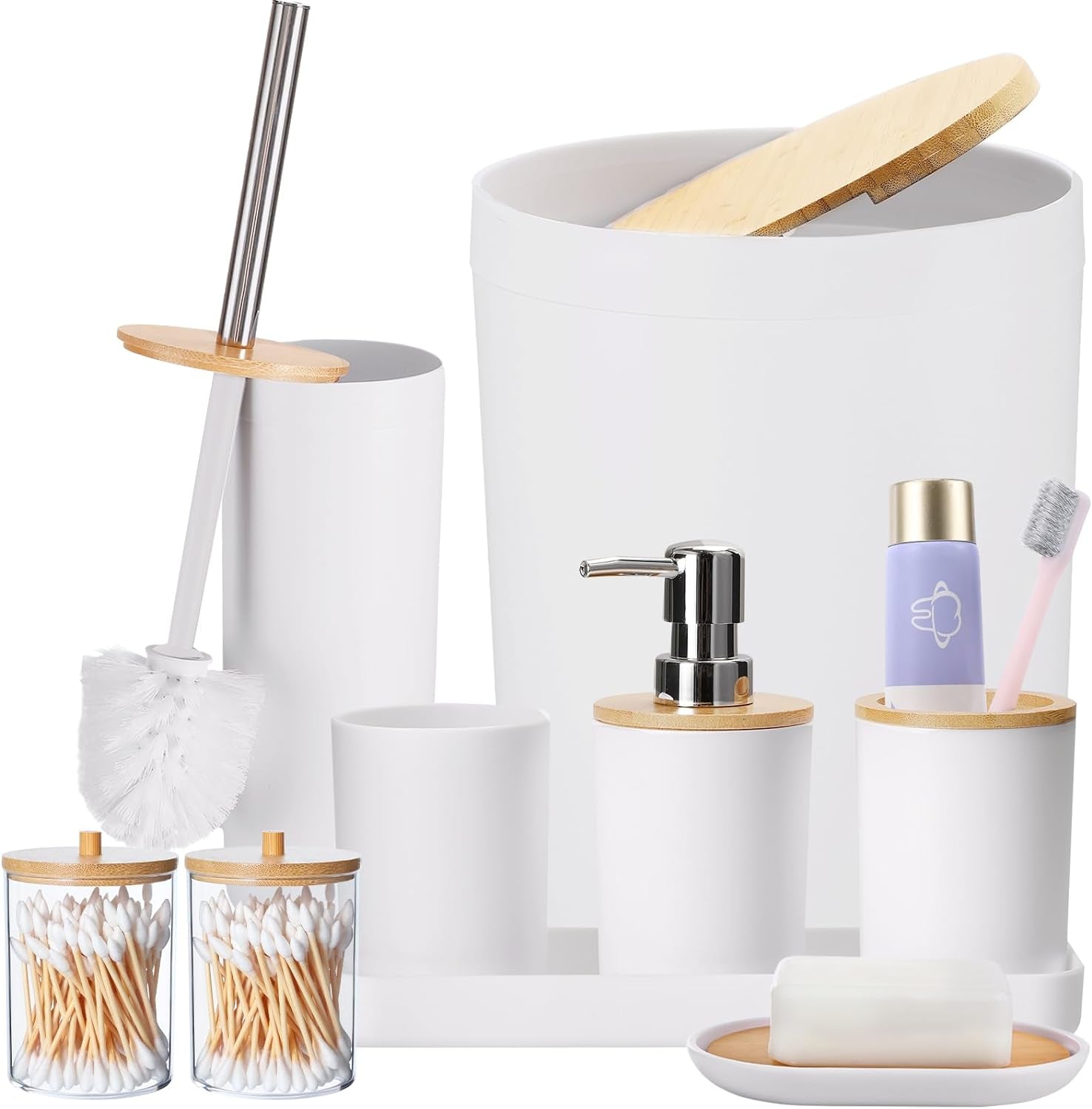 9 Pieces Bathroom Accessory Set, White Bathroom Accessories Set with Trash Can, Tray, Soap Dispenser, Toothbrush Holder, Toothbrush Cup, Soap Dish, Toilet Brush and Q-Tip Holders for Bathroom