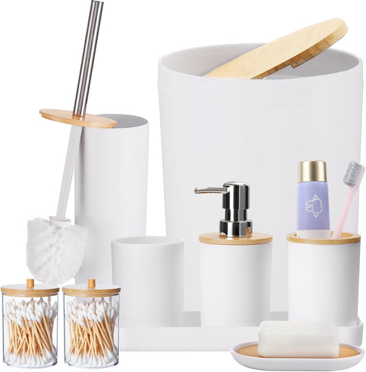 9 Pieces Bathroom Accessory Set, White Bathroom Accessories Set with Trash Can, Tray, Soap Dispenser, Toothbrush Holder, Toothbrush Cup, Soap Dish, Toilet Brush and Q-Tip Holders for Bathroom